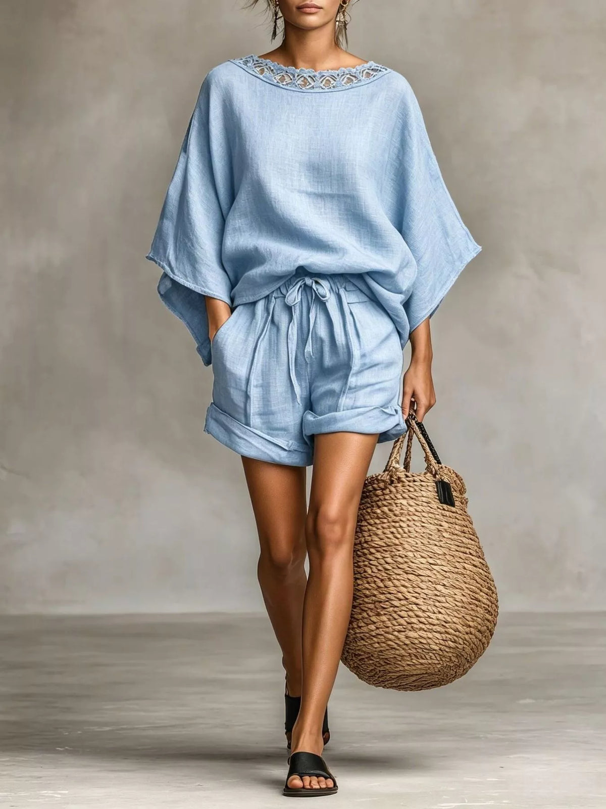 Light blue lace-trim top and drawstring shorts set, full set front view.