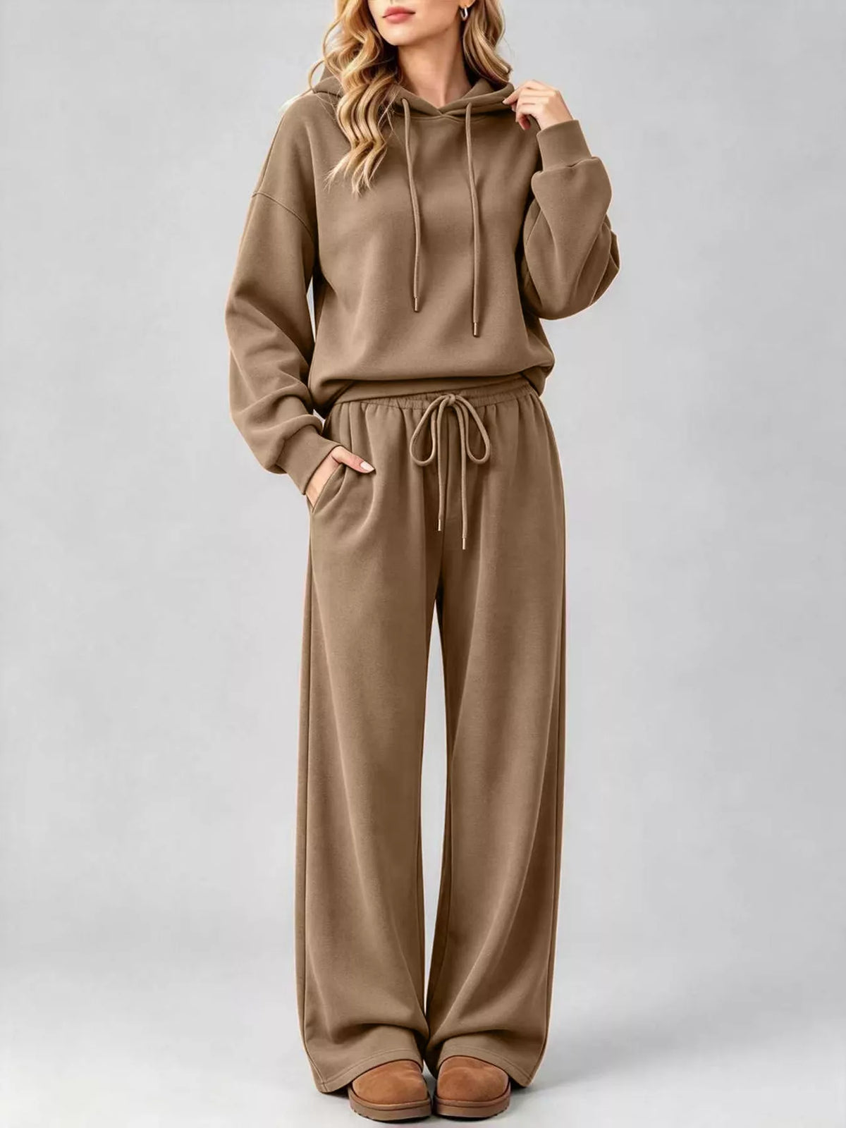Coffee Brown dropped shoulder hoodie and wide-leg pants set