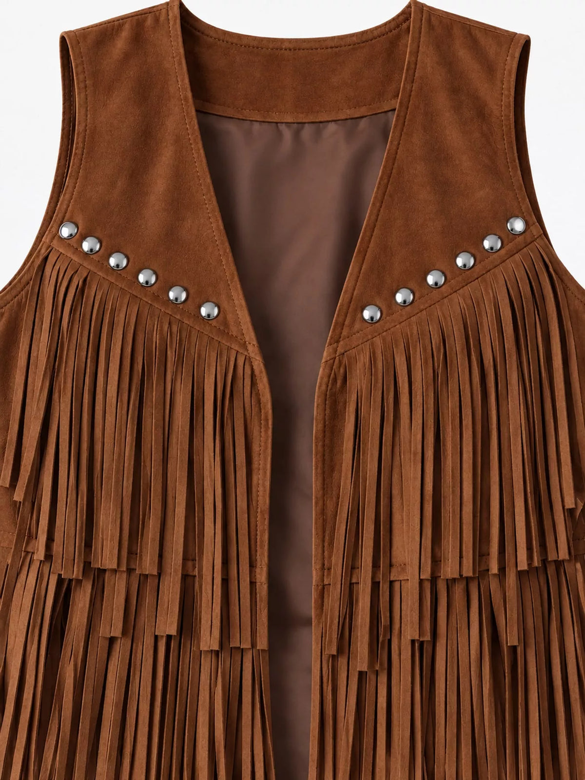 Fringed Suede Vest Coat, detail view in brown