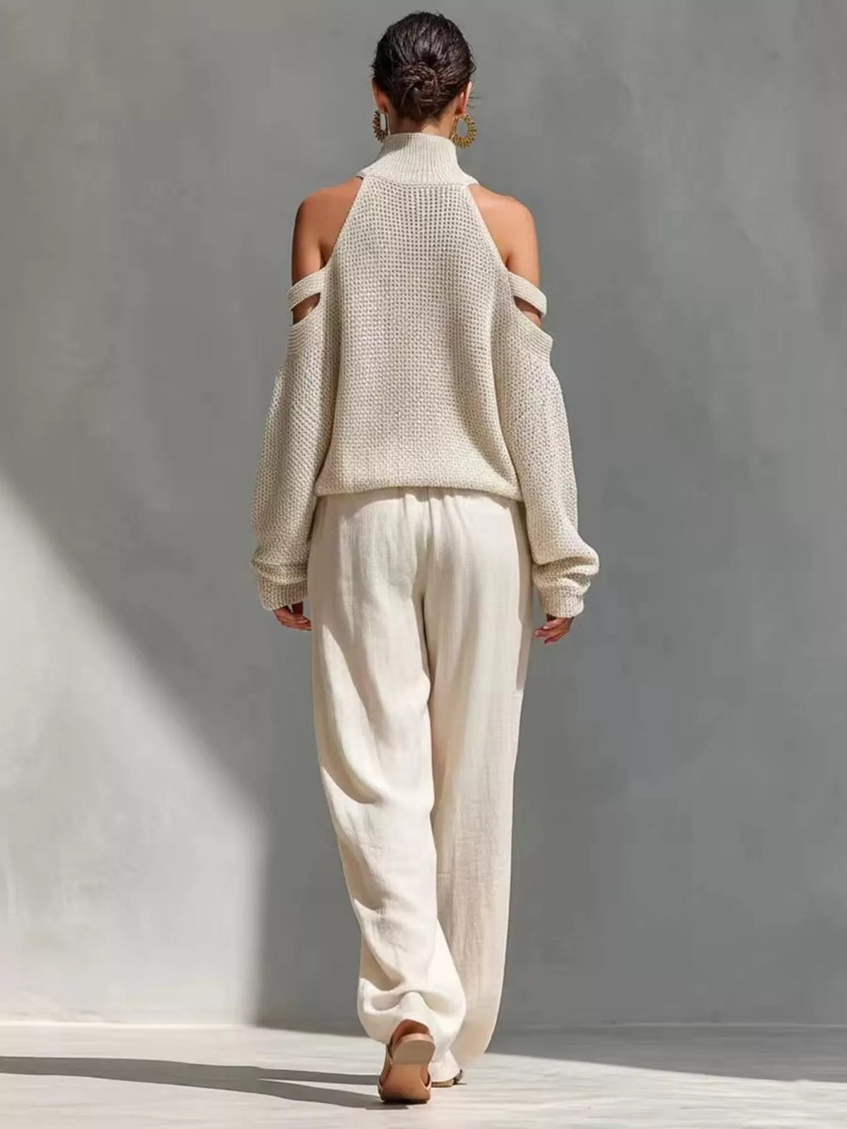 Cream cold-shoulder top and pants set, set back view
