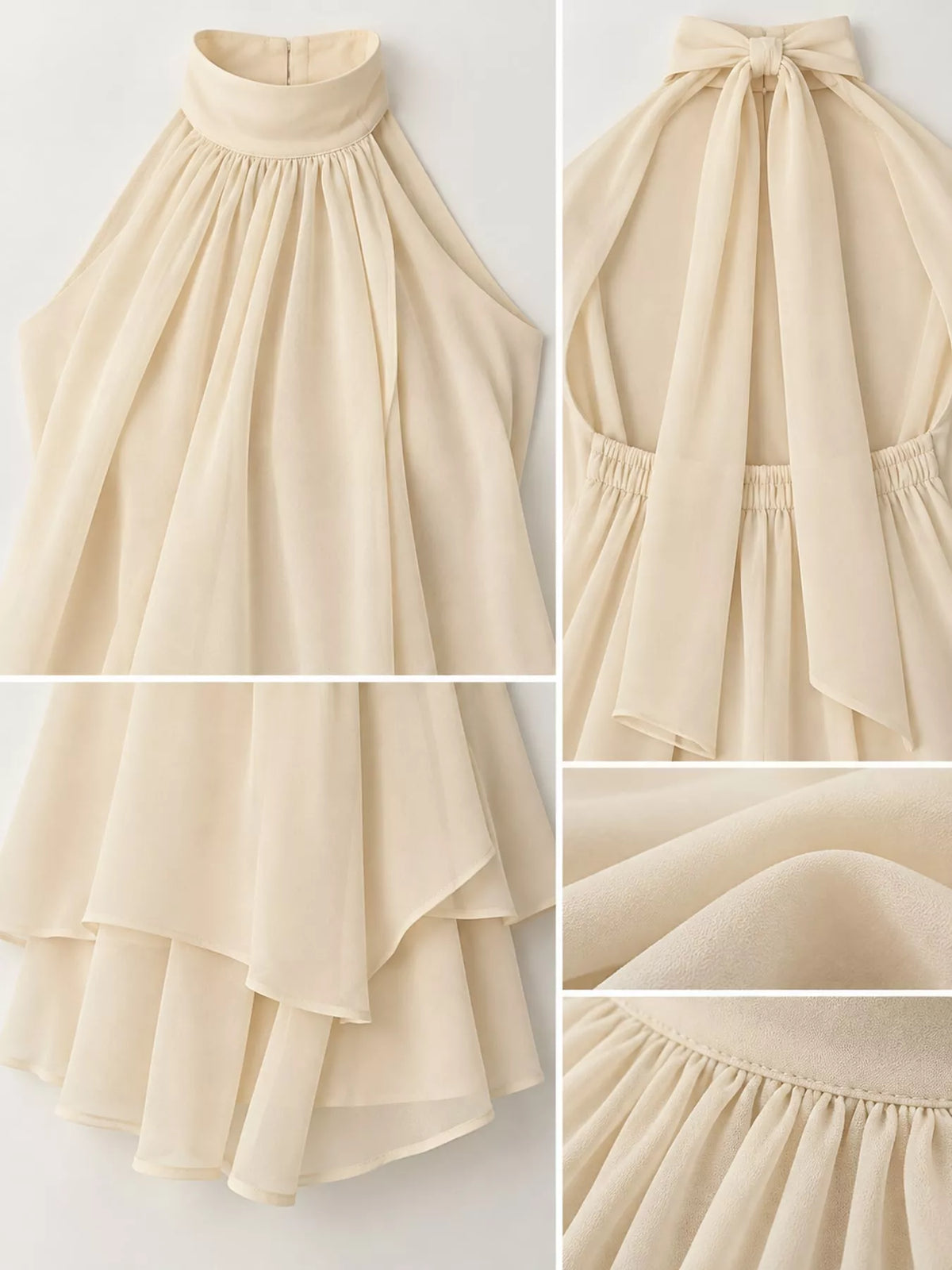 Cream halter neck layered mini dress, front, back and detail collage