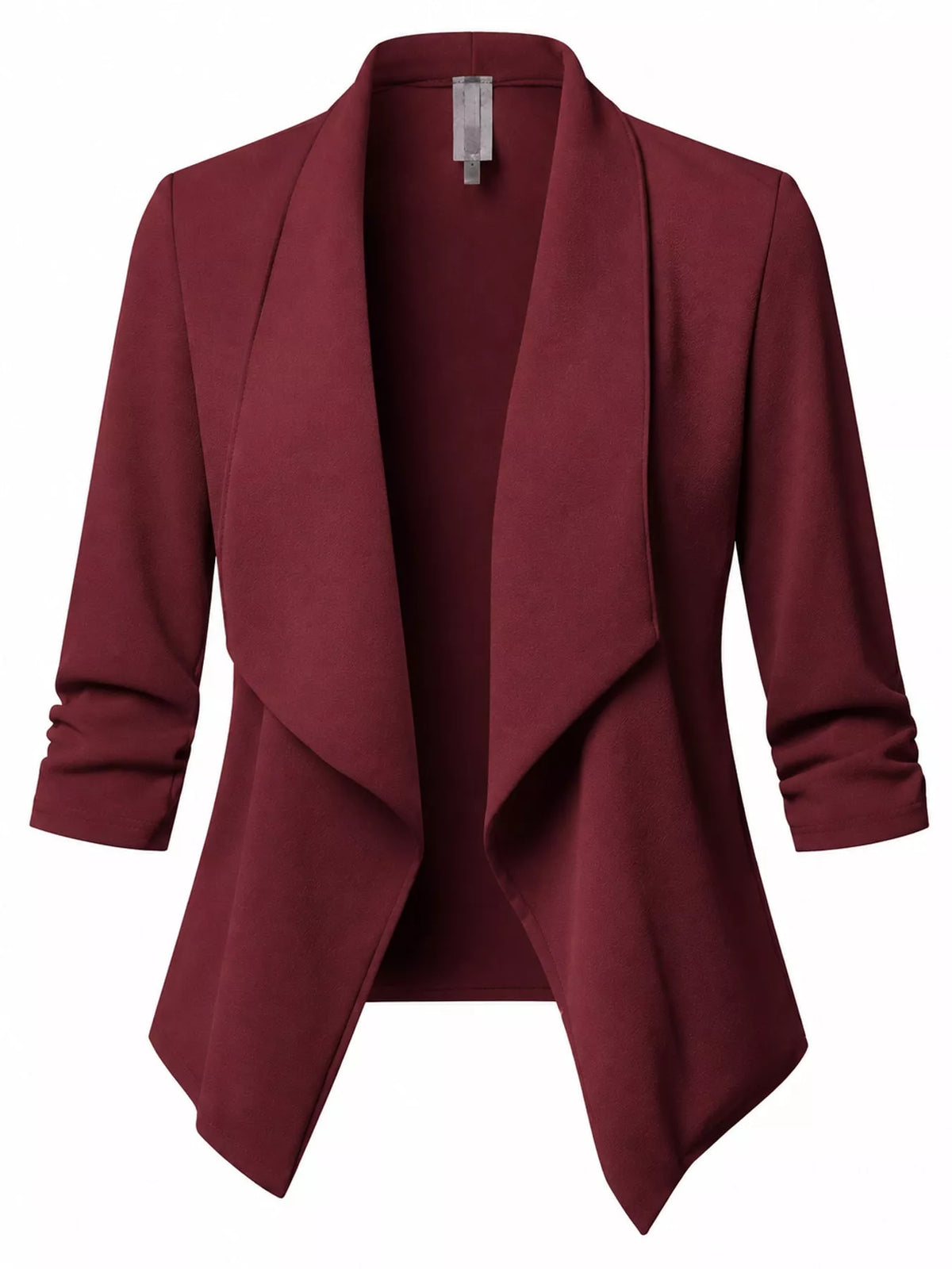 Burgundy open-front blazer with ruched 3/4 sleeves