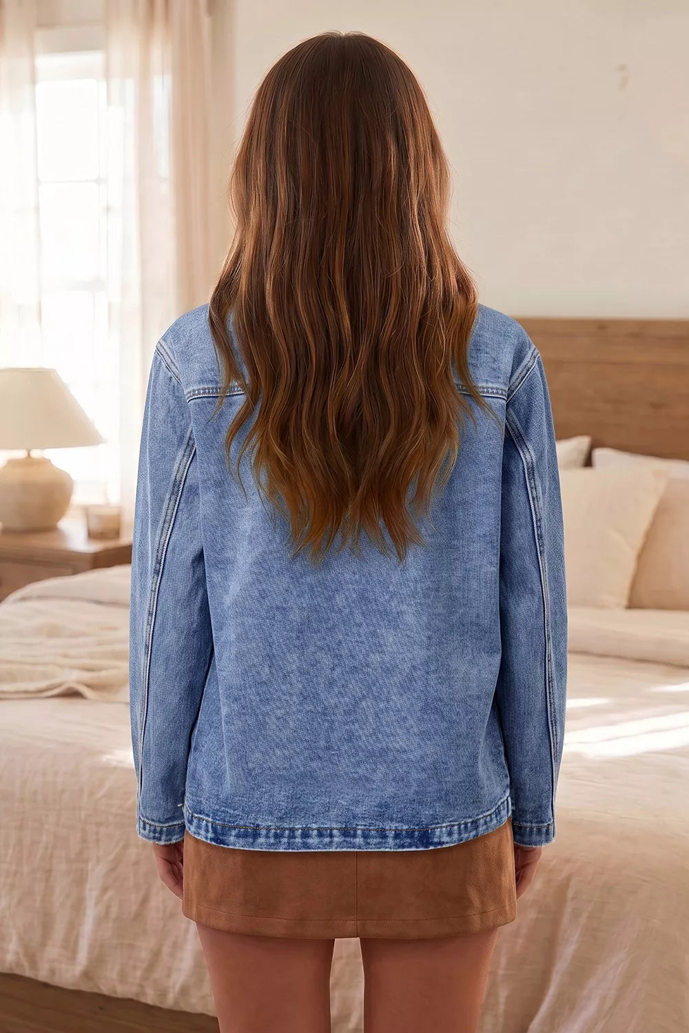 Trendsi Patchwork Leather Collar Long Sleeve Denim Jacket -