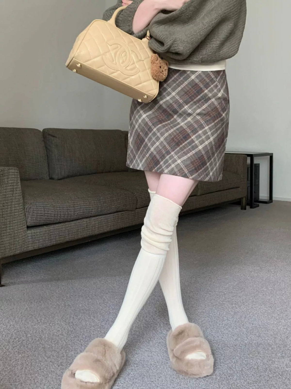 Coffee vintage plaid a-line mini skirt