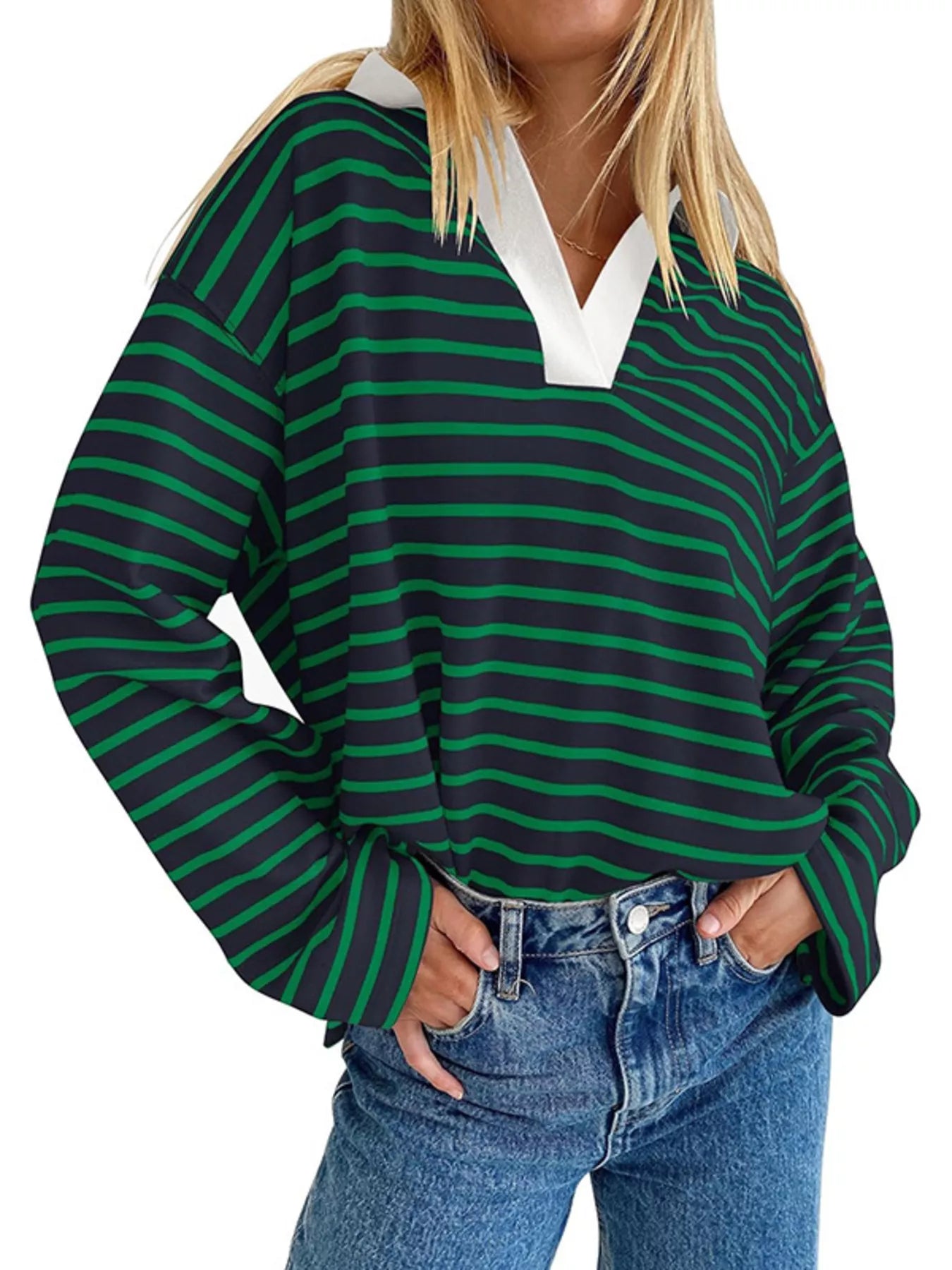 Trendsi Oversized Striped Johnny Collar T-Shirt -