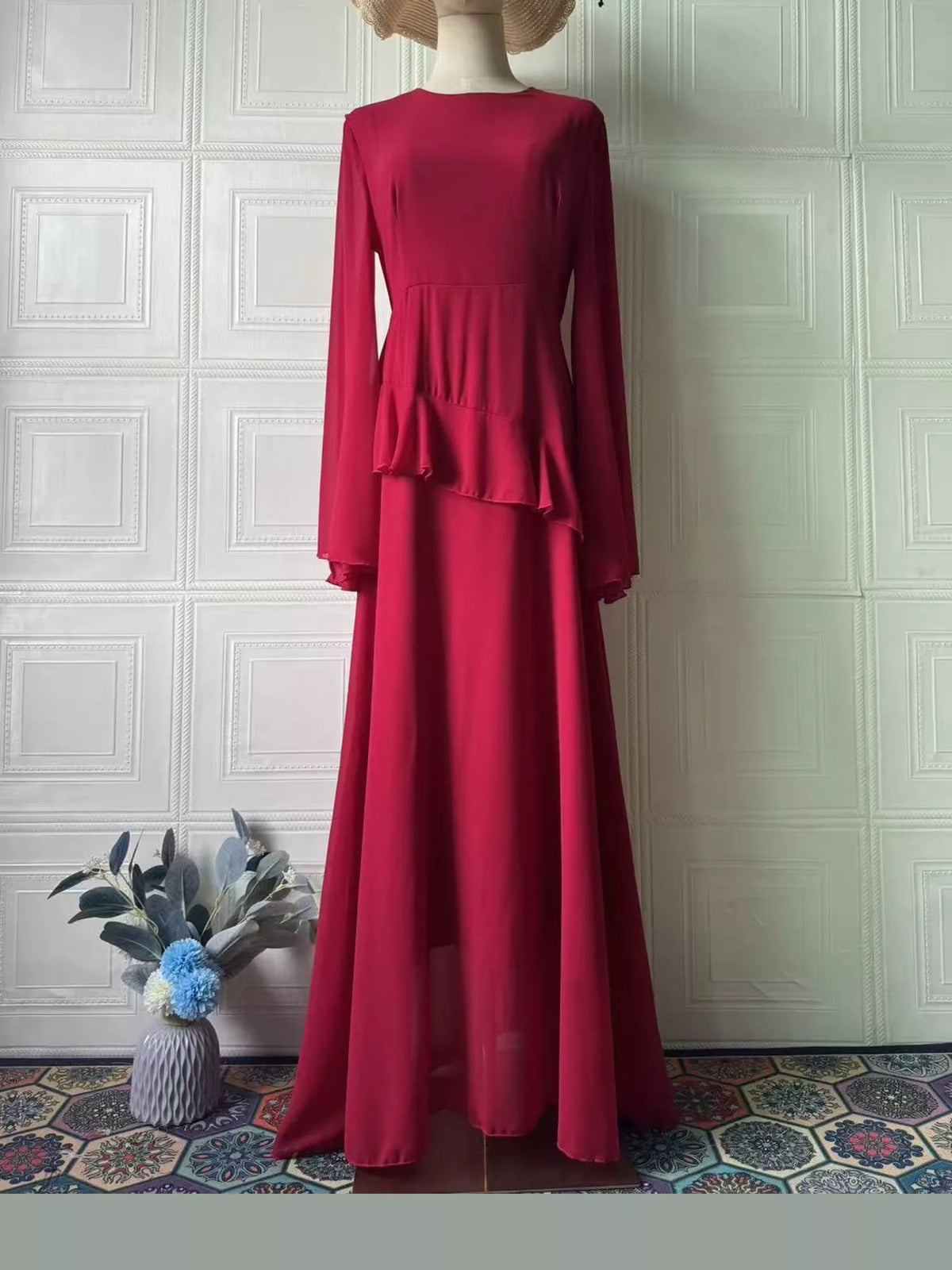 Red ruffled flare sleeve maxi dress, front view