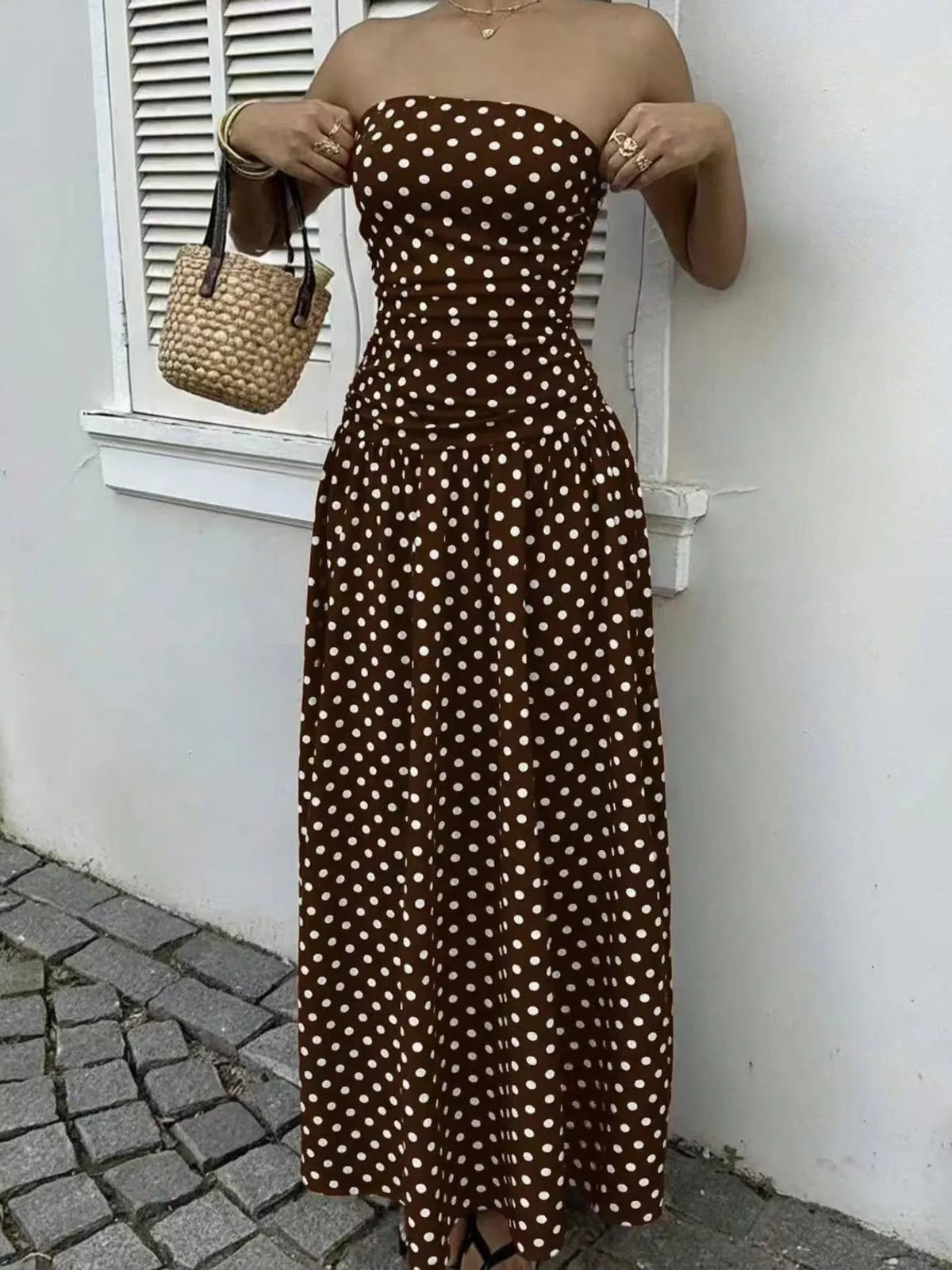 Women's Strapless Polka Dot Ruched Maxi Dress in brown dots — front view
