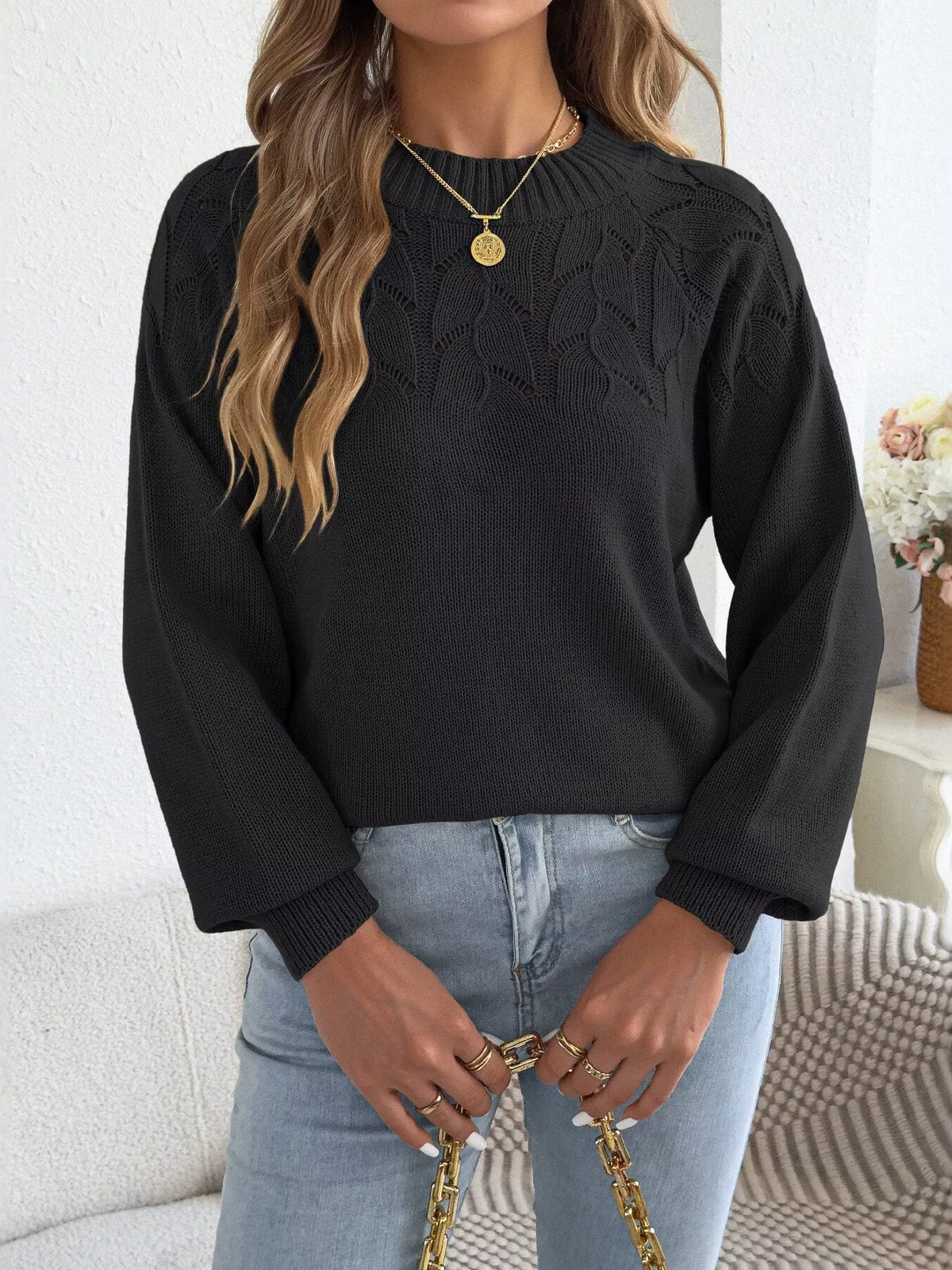 Black openwork crew neck sweater