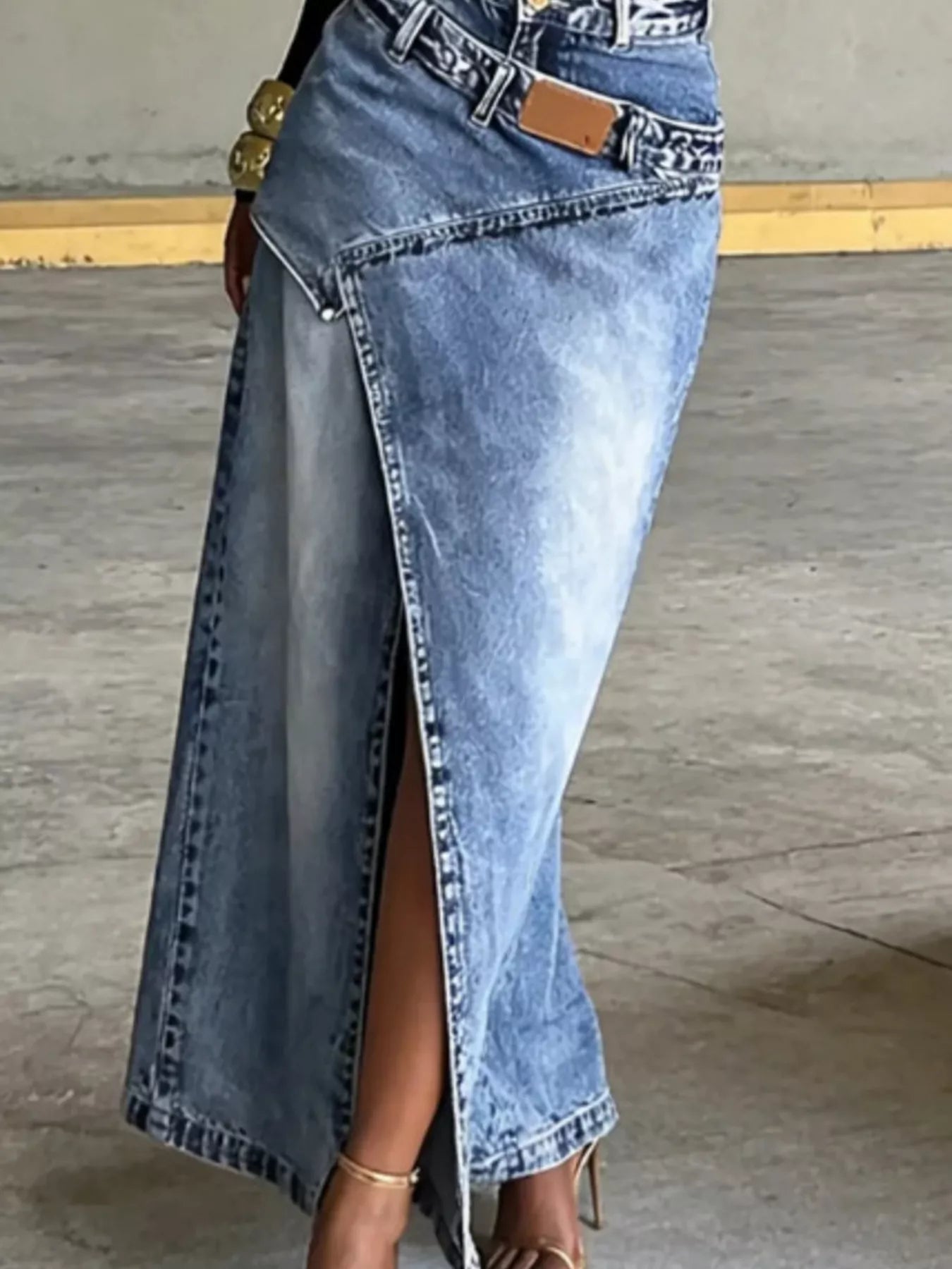 Trendsi High-Waisted Asymmetric Slit Denim Maxi Skirt -