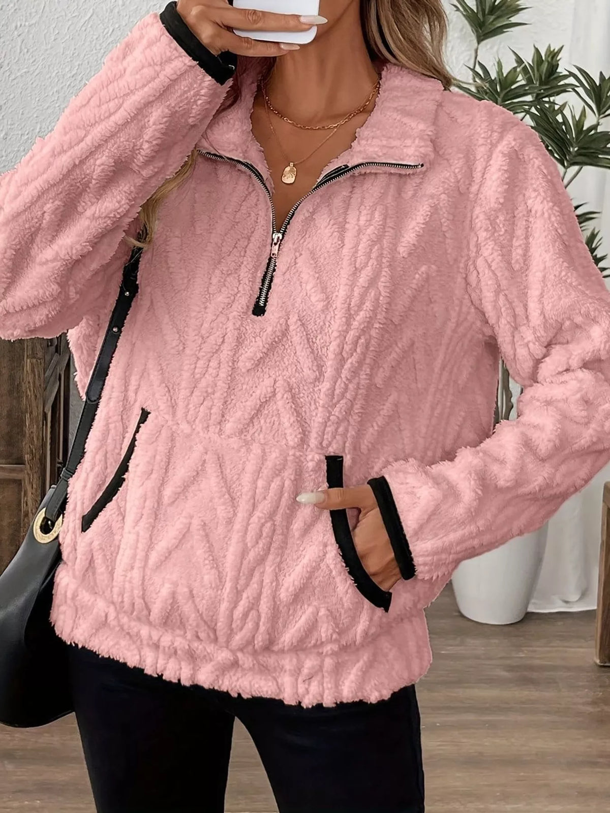 Women's Quarter-Zip Sherpa Sweatshirt in pink — front view