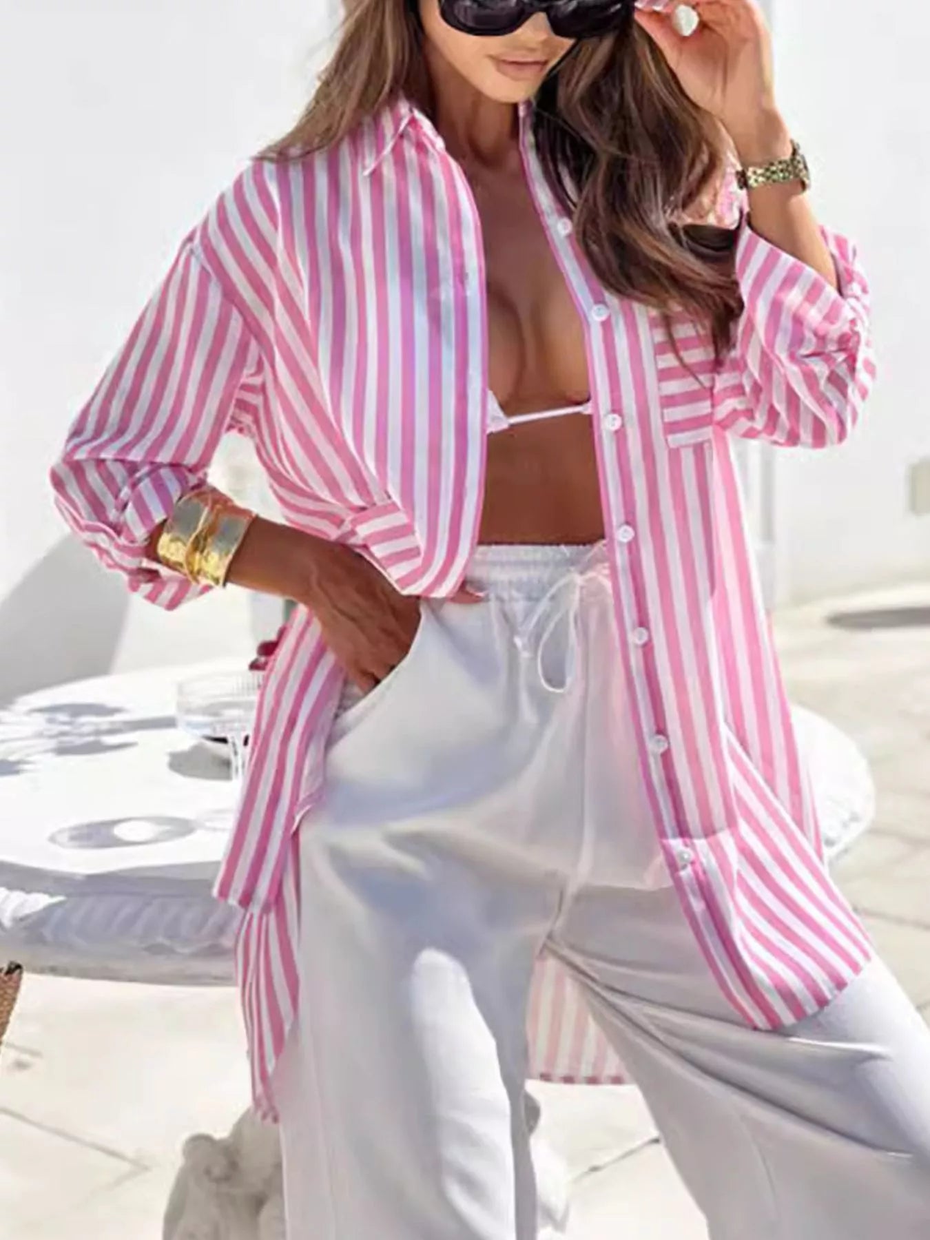 Trendsi Printed Long Sleeve Tie Waist Oversized Shirt -