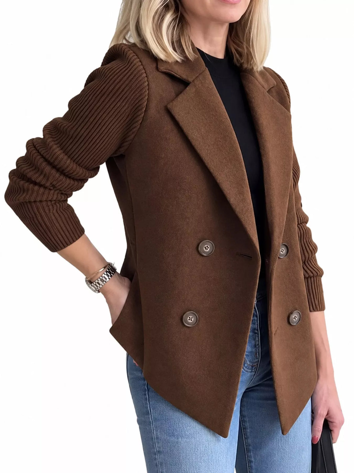 Dark Brown double-breasted blazer with ribbed knit sleeves