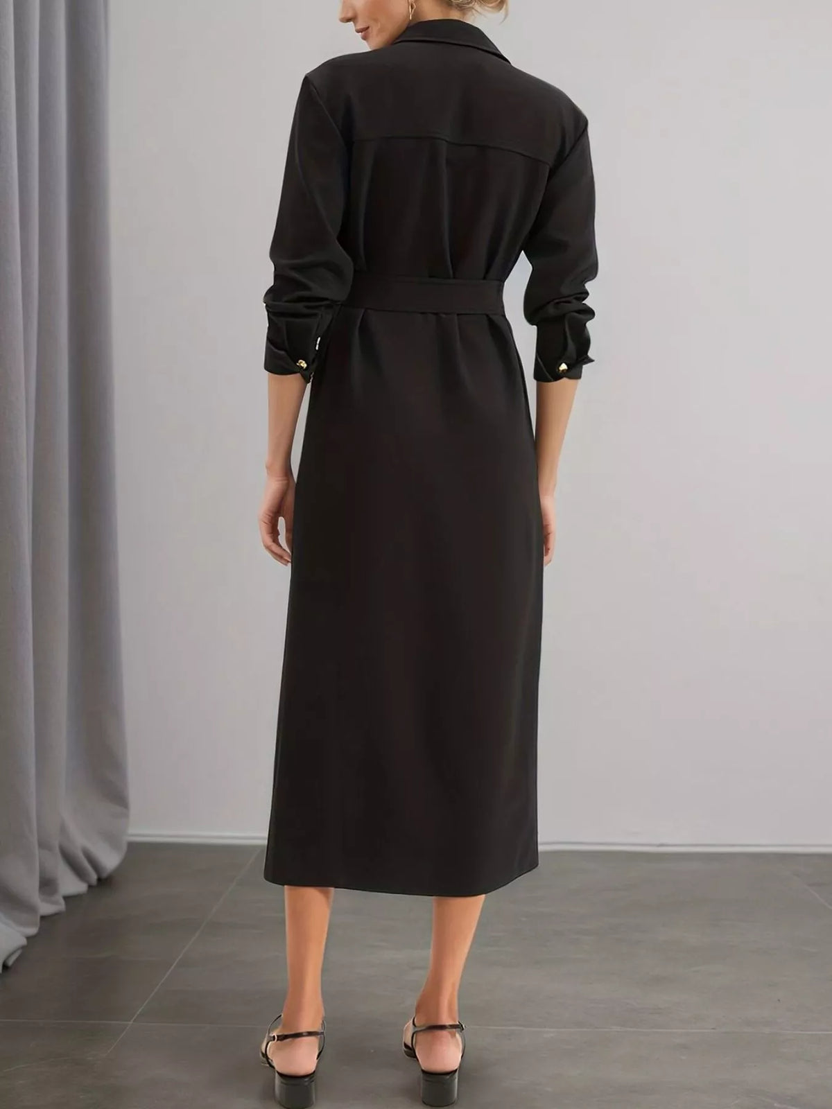 Button Front Midi Dress in black, back view