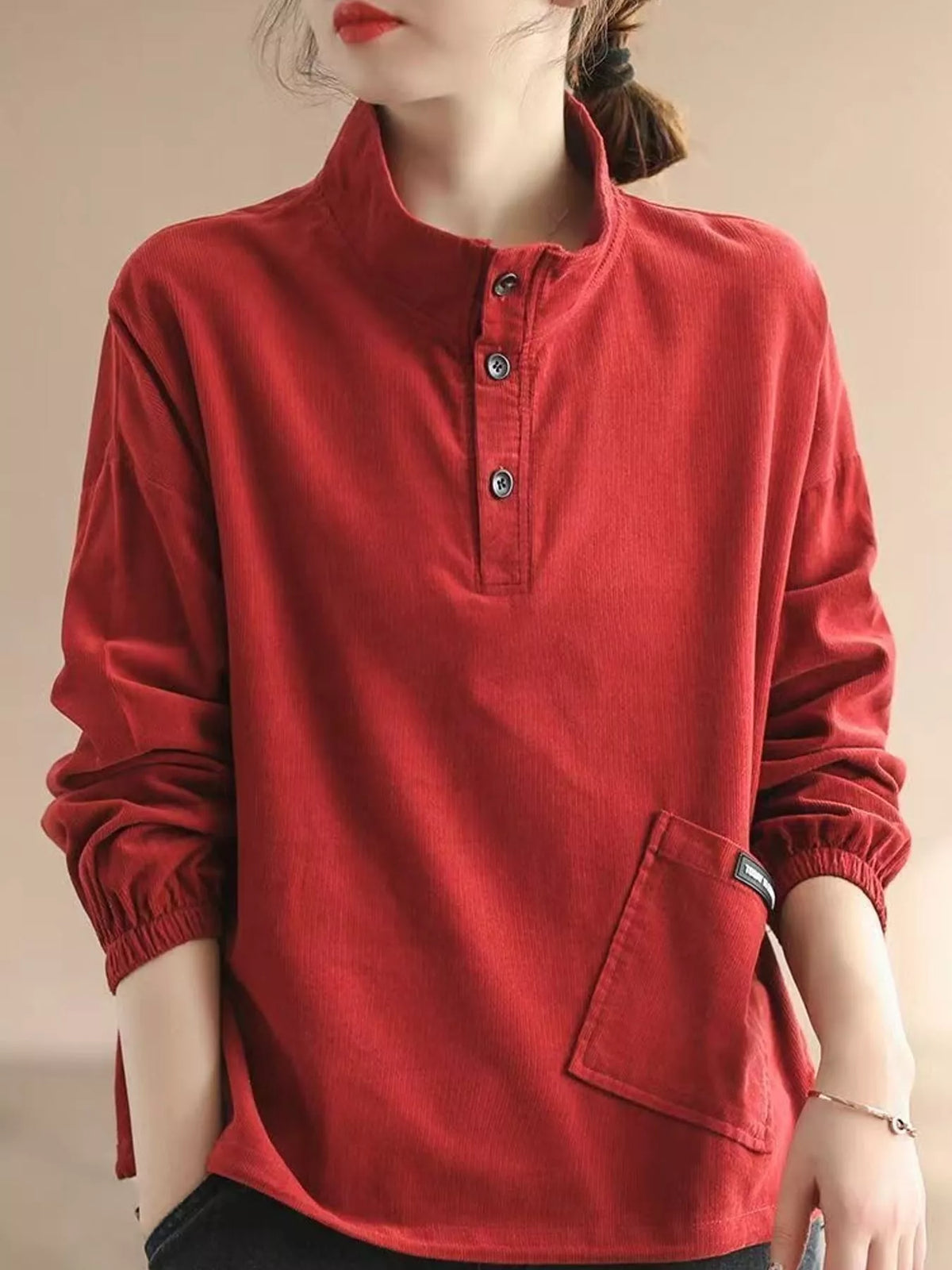 Red-New Arrival-Spring And Fall button detail dropped shoulder sweatshirt