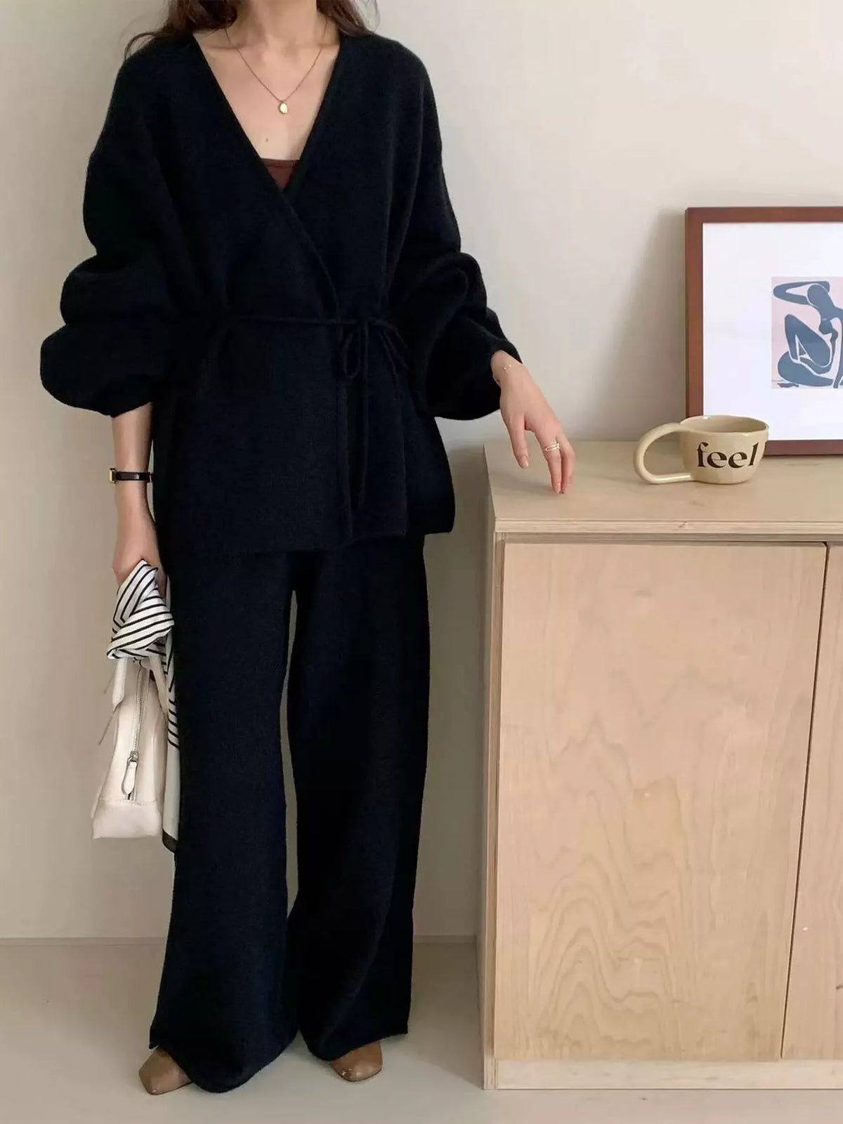 V-Neck Wrap Cardigan and Wide-Leg Pants Sweater Set in navy blue