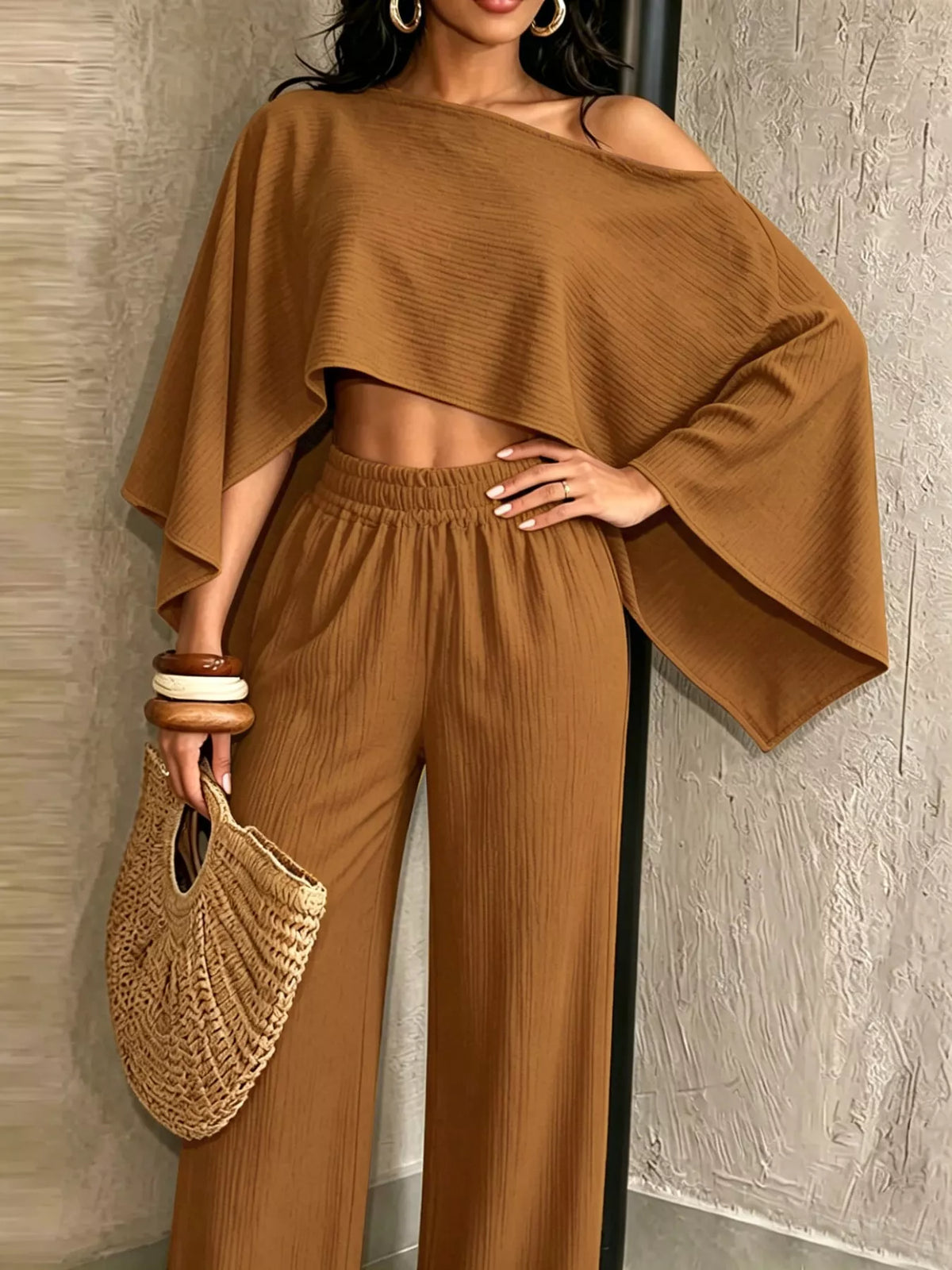 Women's Boat Neck Crop Top and Wide-Leg Pants Set in camel — front view