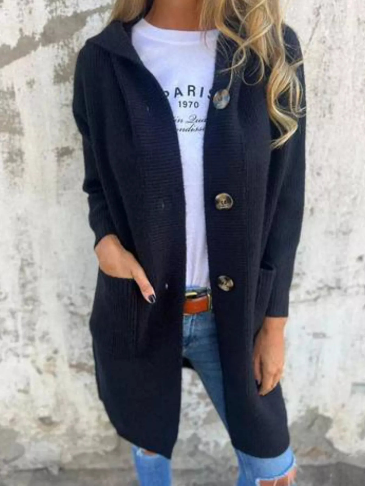 Women's Button-Down Hooded Cardigan in Dark Green, alternate view