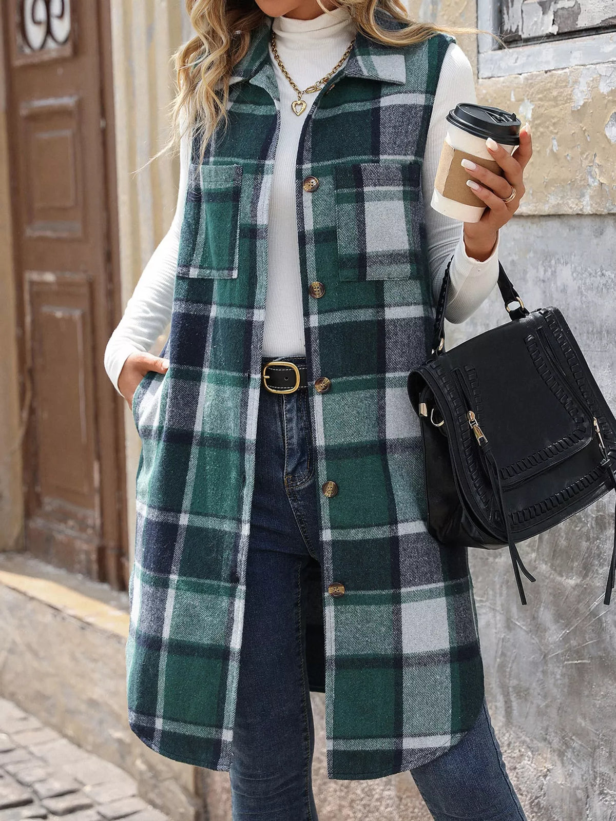 Longline Plaid Button-Down Vest Coat in green and white