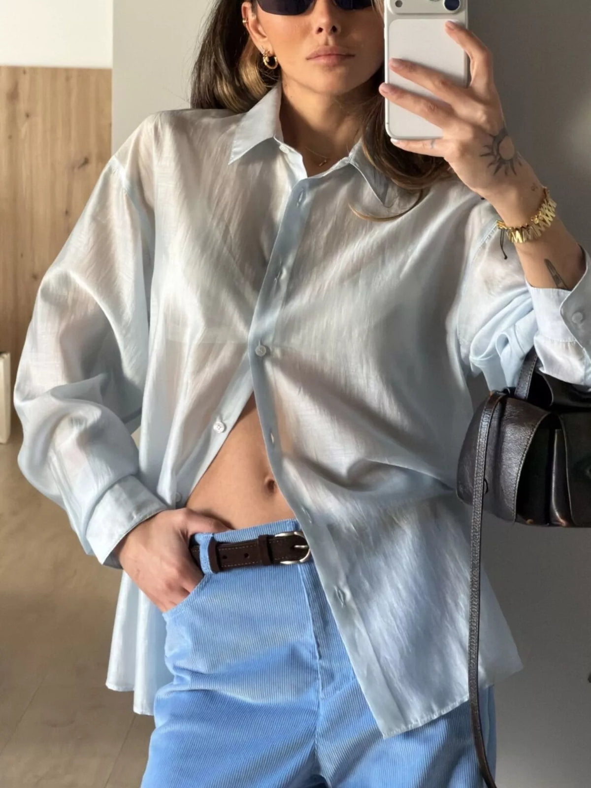 Trendsi Sheer Oversized Button-Up Shirt -