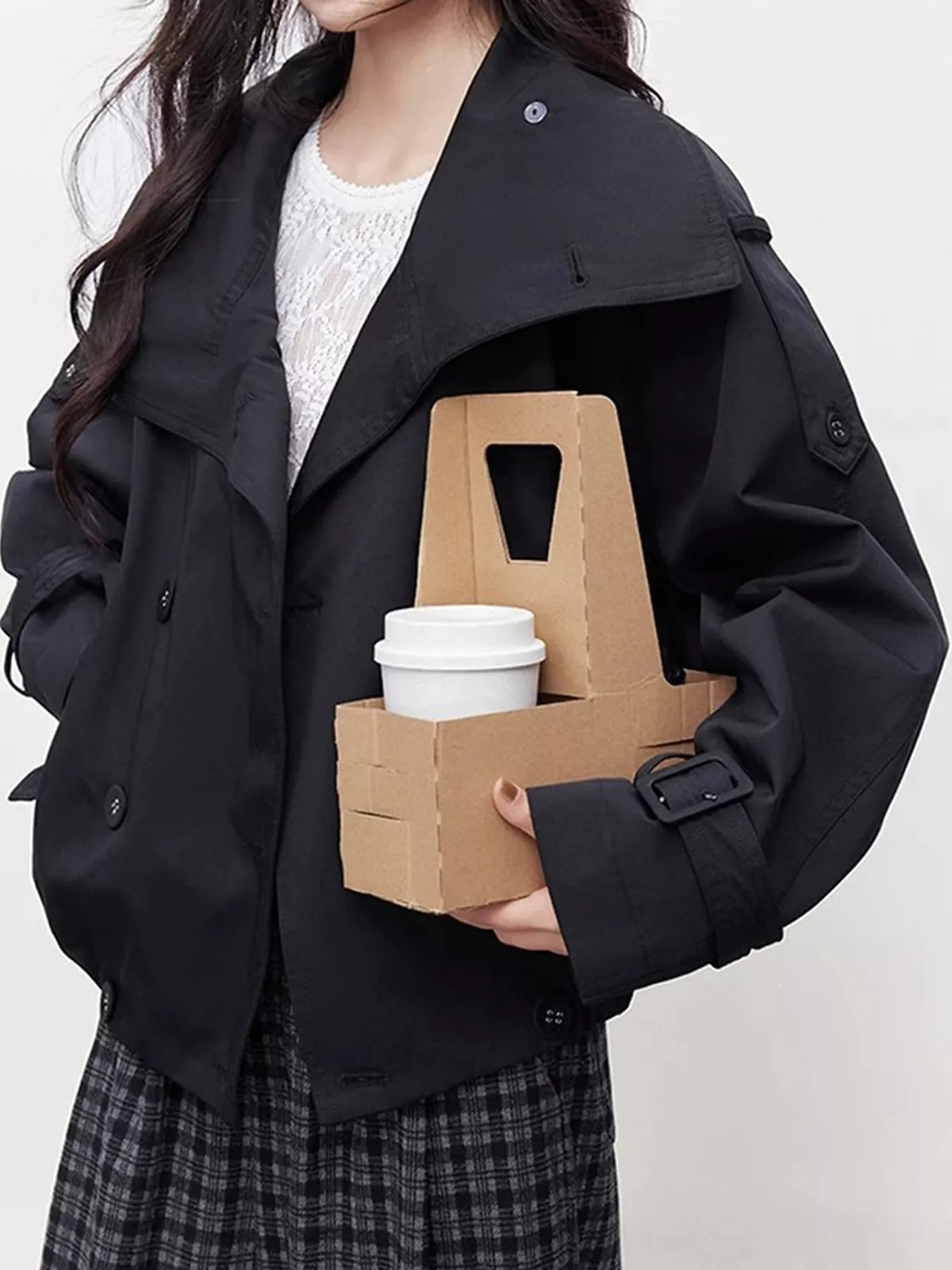 Lapel Double-Breasted Trench Jacket in black-2797