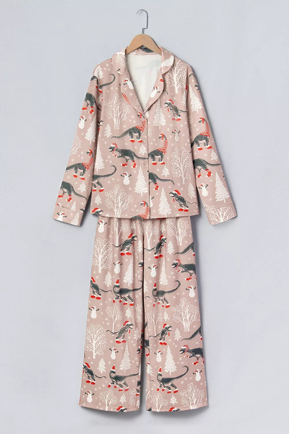 Christmas Dinosaur Print Lounge Top and Pants Set, front view