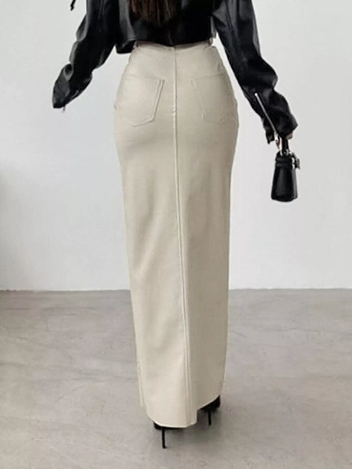 High-Waisted Faux Leather Maxi Skirt with Front Slit — back view