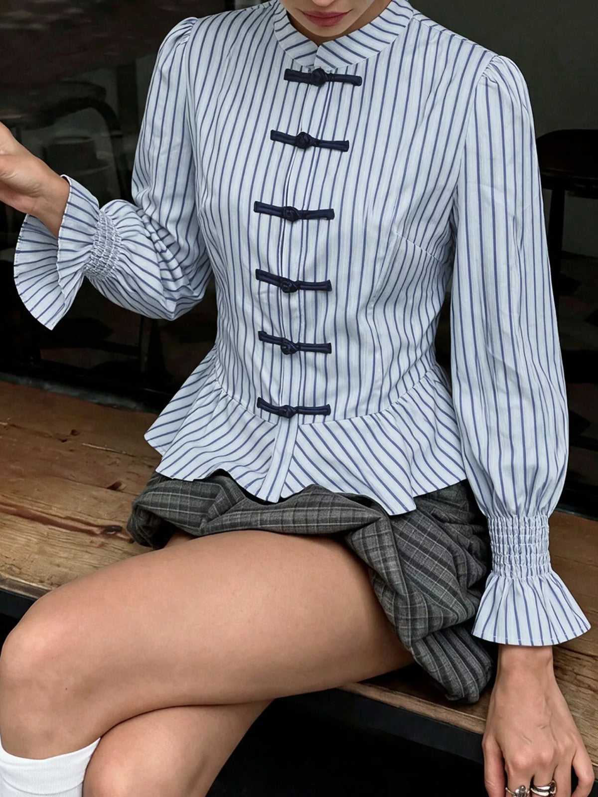 Trendsi Striped Mandarin Knot Buttons Peplum Hem Shirt -