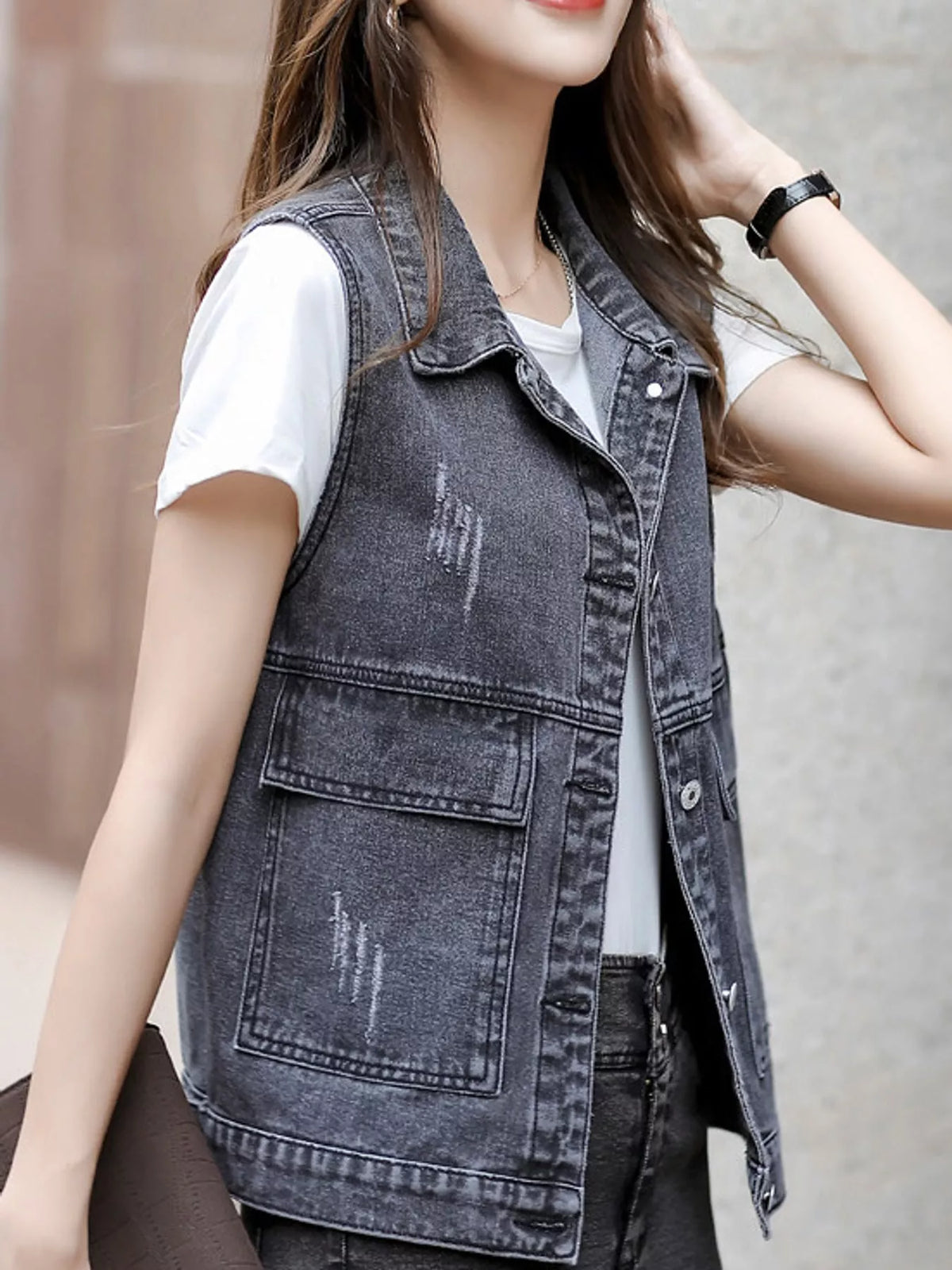 Distressed Washed Denim Vest in black
