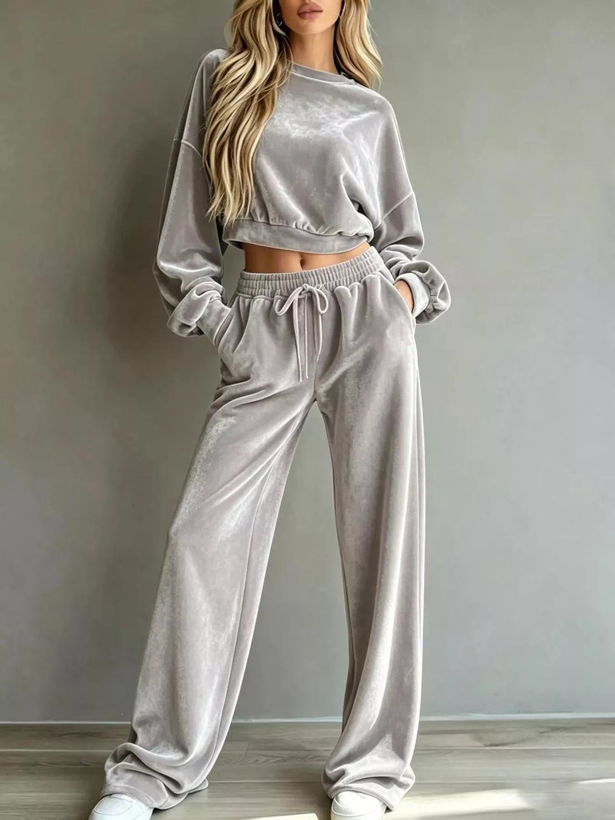 Gray Cropped Sweatshirt & Wide-Leg Pants Set front view