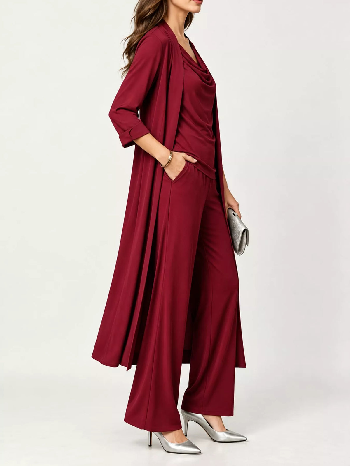 Burgundy cowl neck top, cardigan and pants set, side view