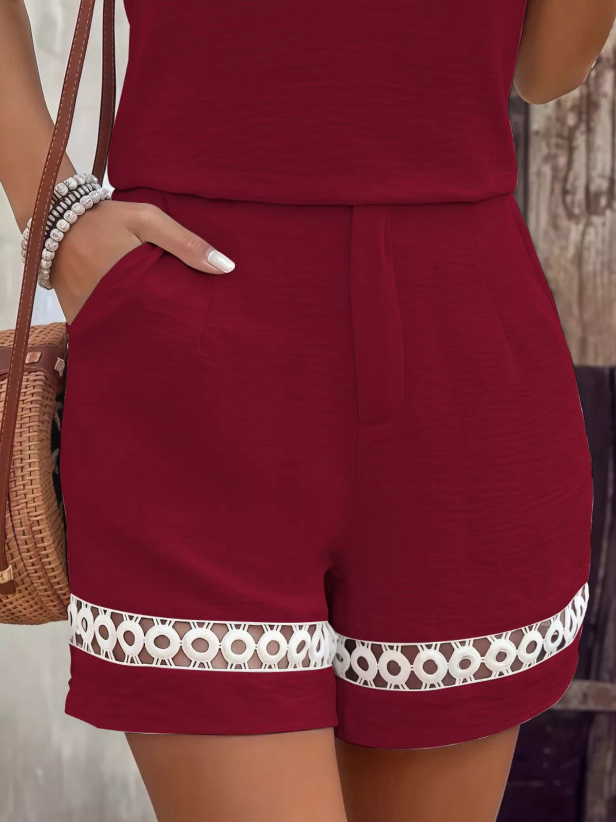 Lace Trim Short Sleeve Top and Shorts Set in burgundy, shorts detail
