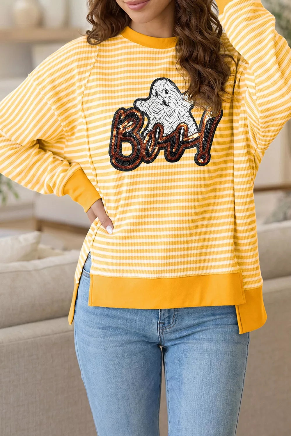 Women's striped Boo sequin ghost Halloween long sleeve top