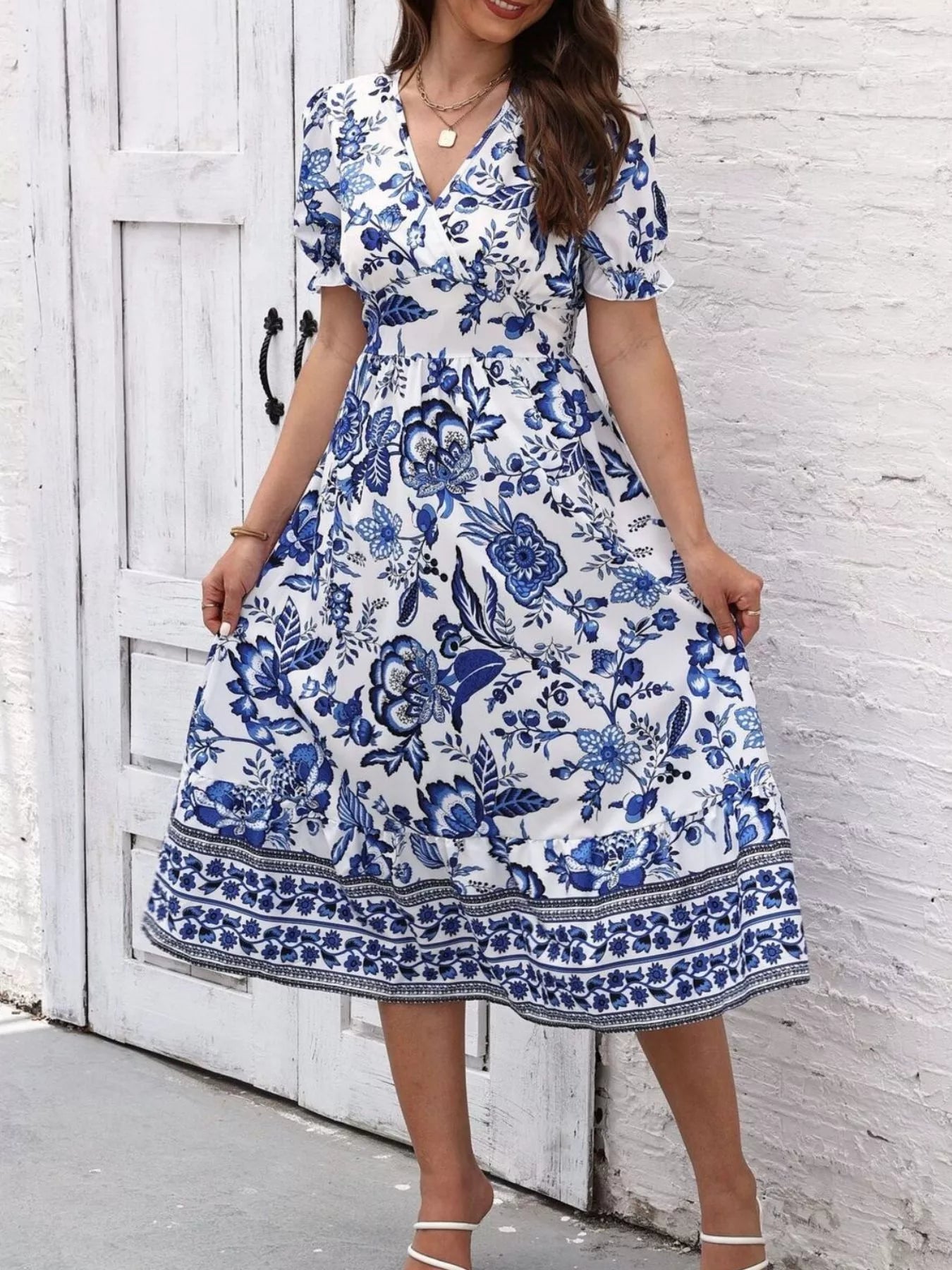 Trendsi Floral Print Puff Sleeve Wrap Midi Dress -