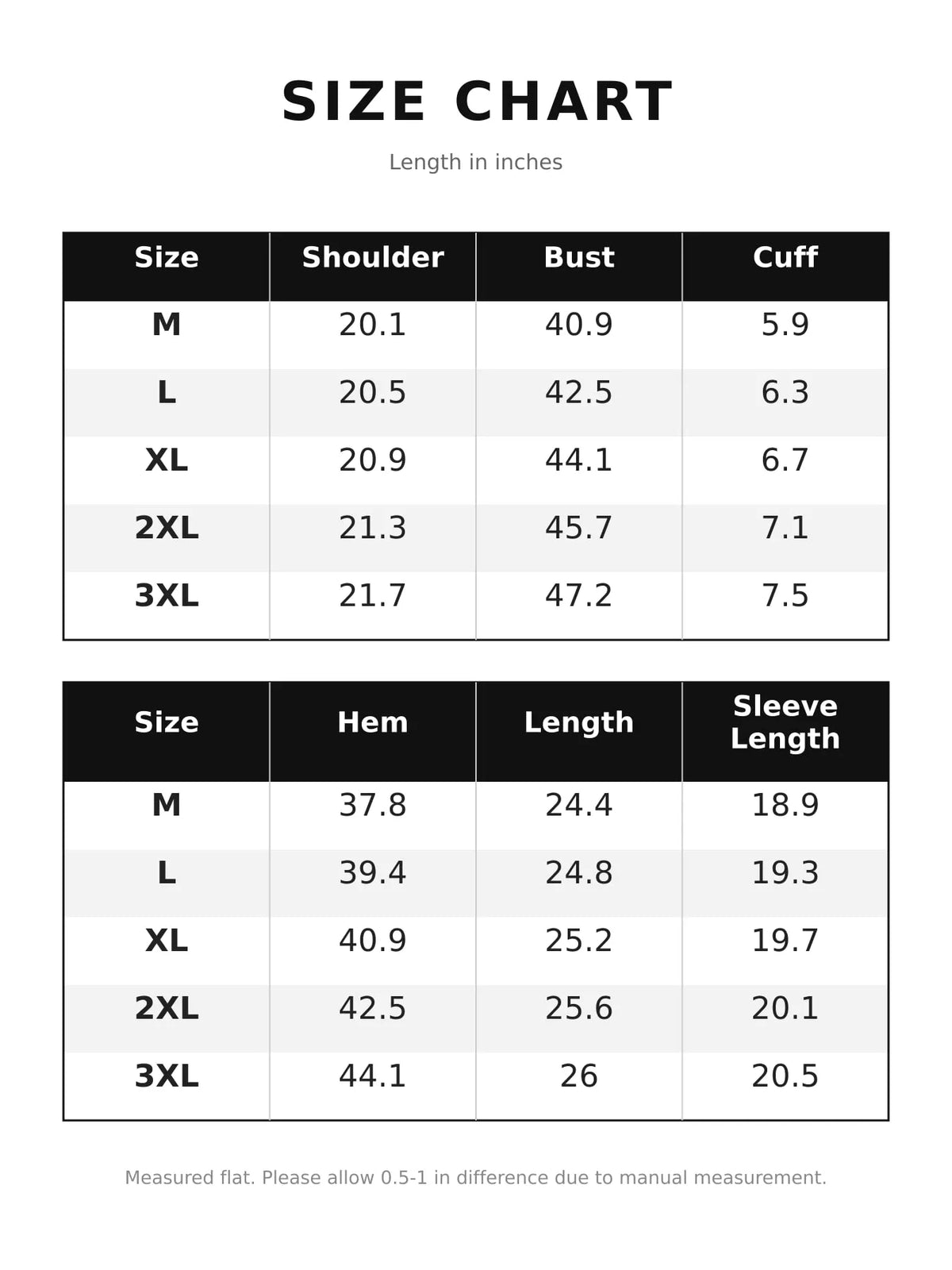 Size chart for corduroy hooded zip-up jacket