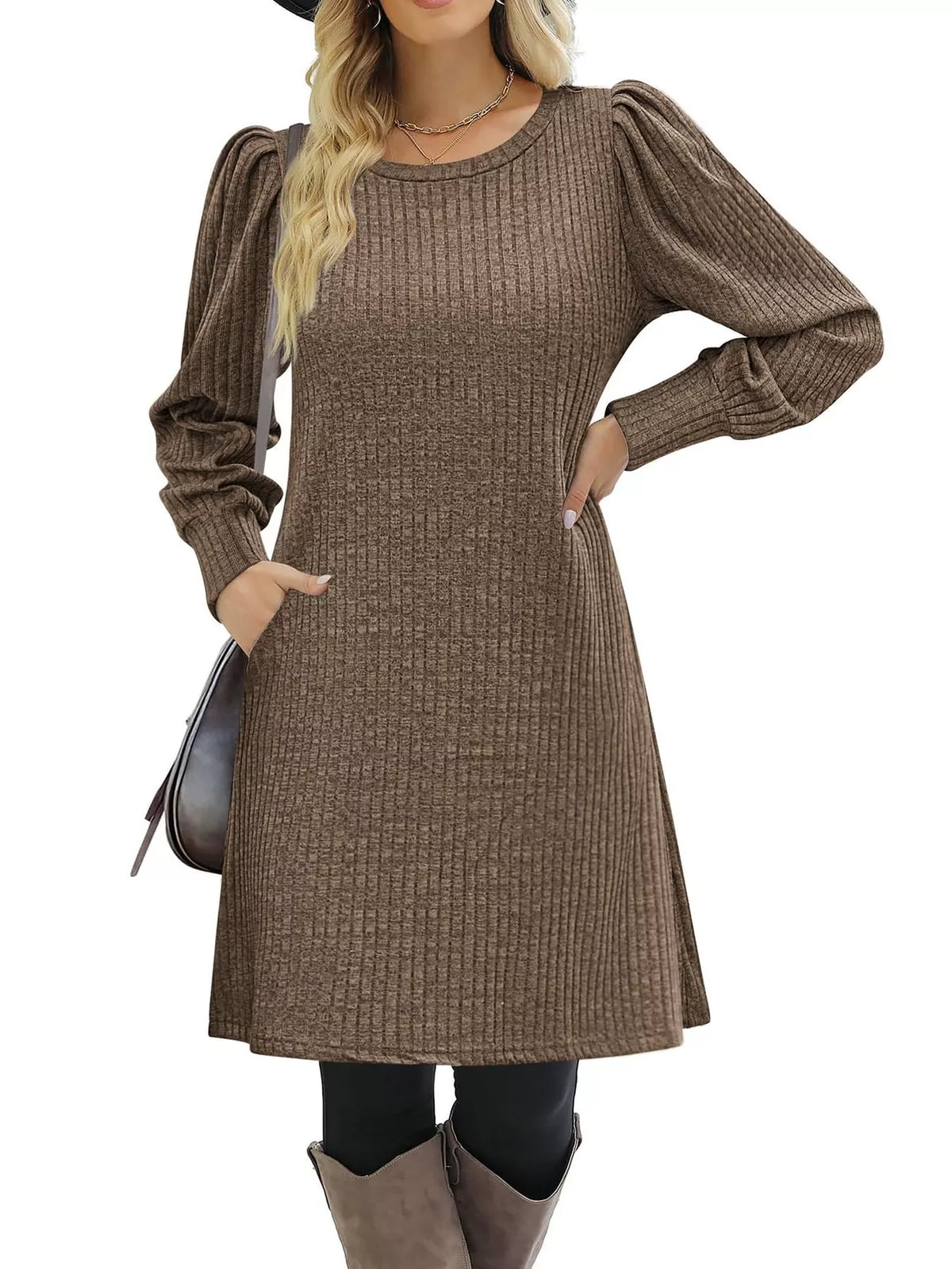 Ribbed puff-sleeve dress, brown front