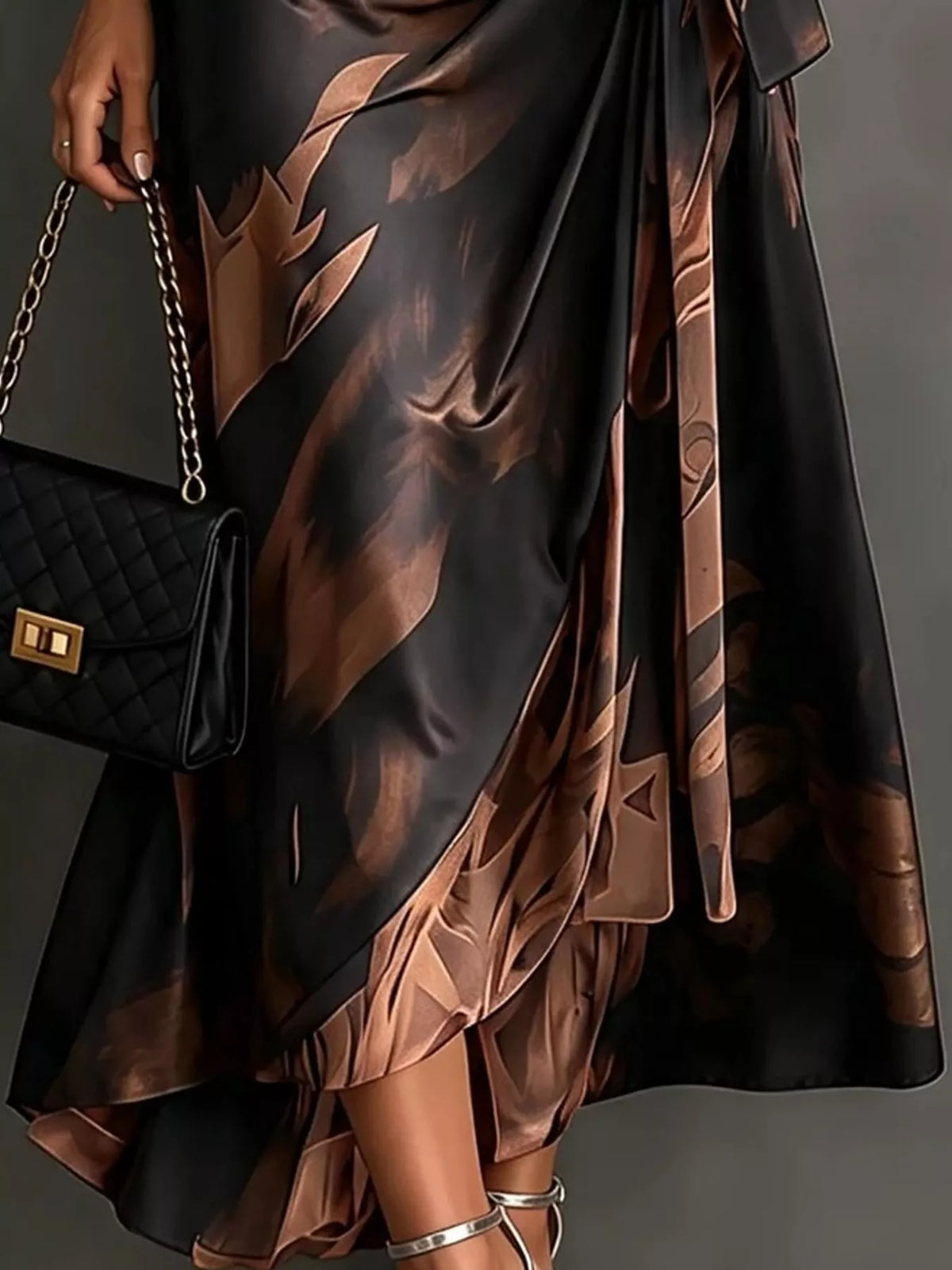 Brown and black tie-detail surplice dress, midi hem detail
