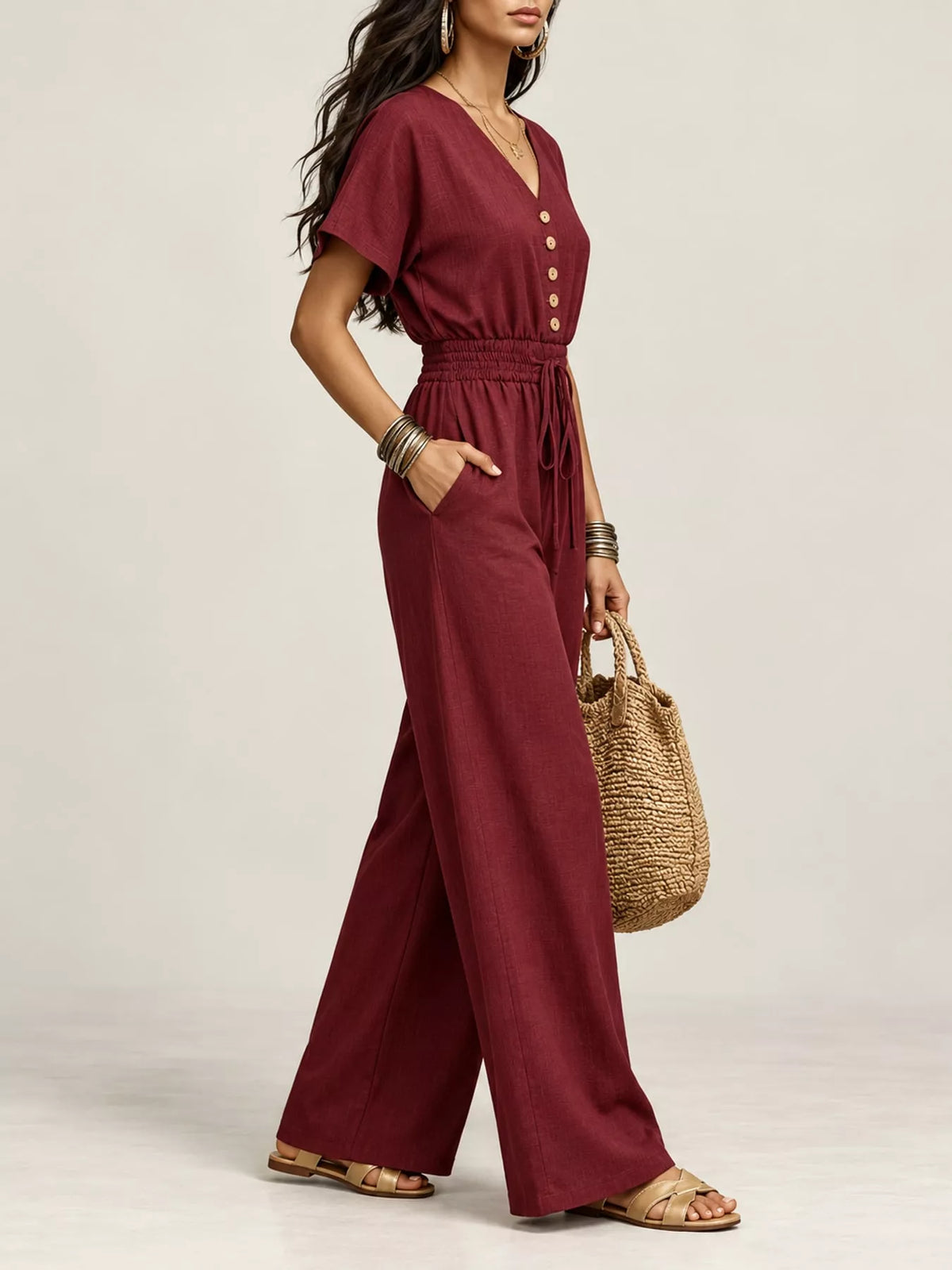 Wide-leg short-sleeve jumpsuit