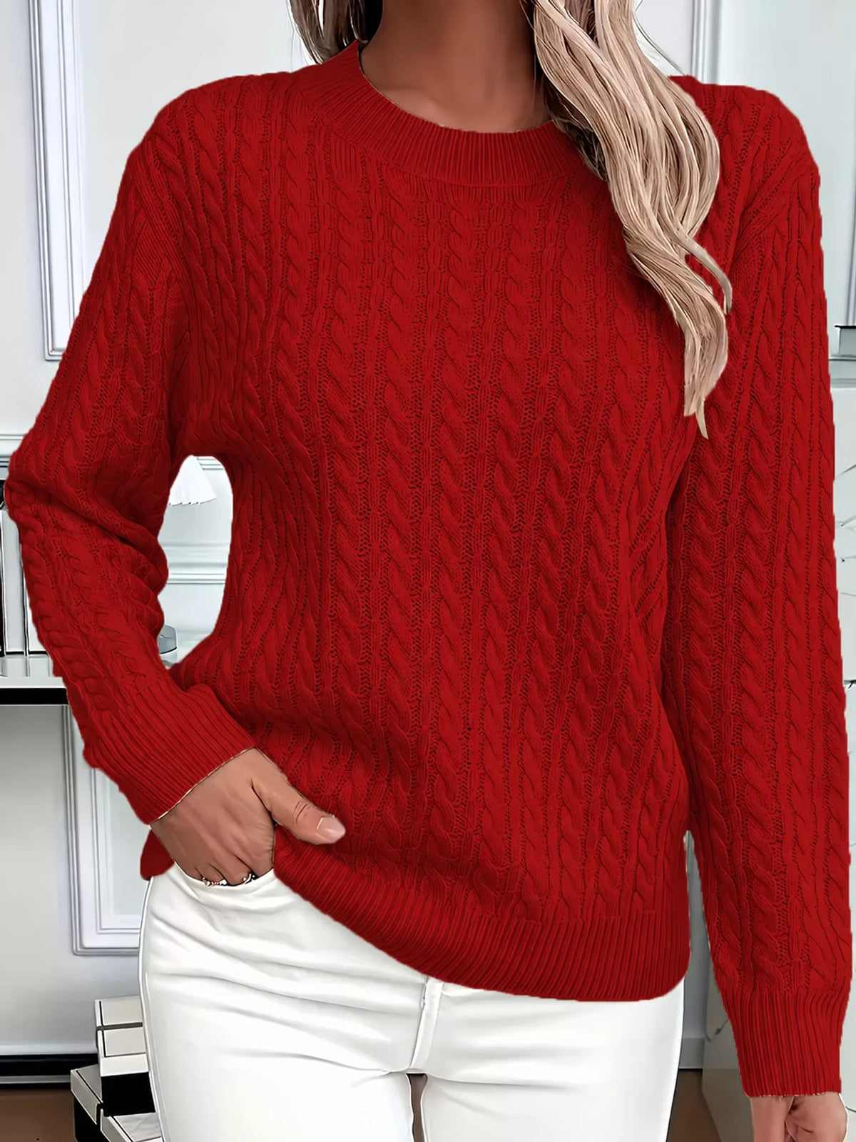 Red cable knit round neck sweater