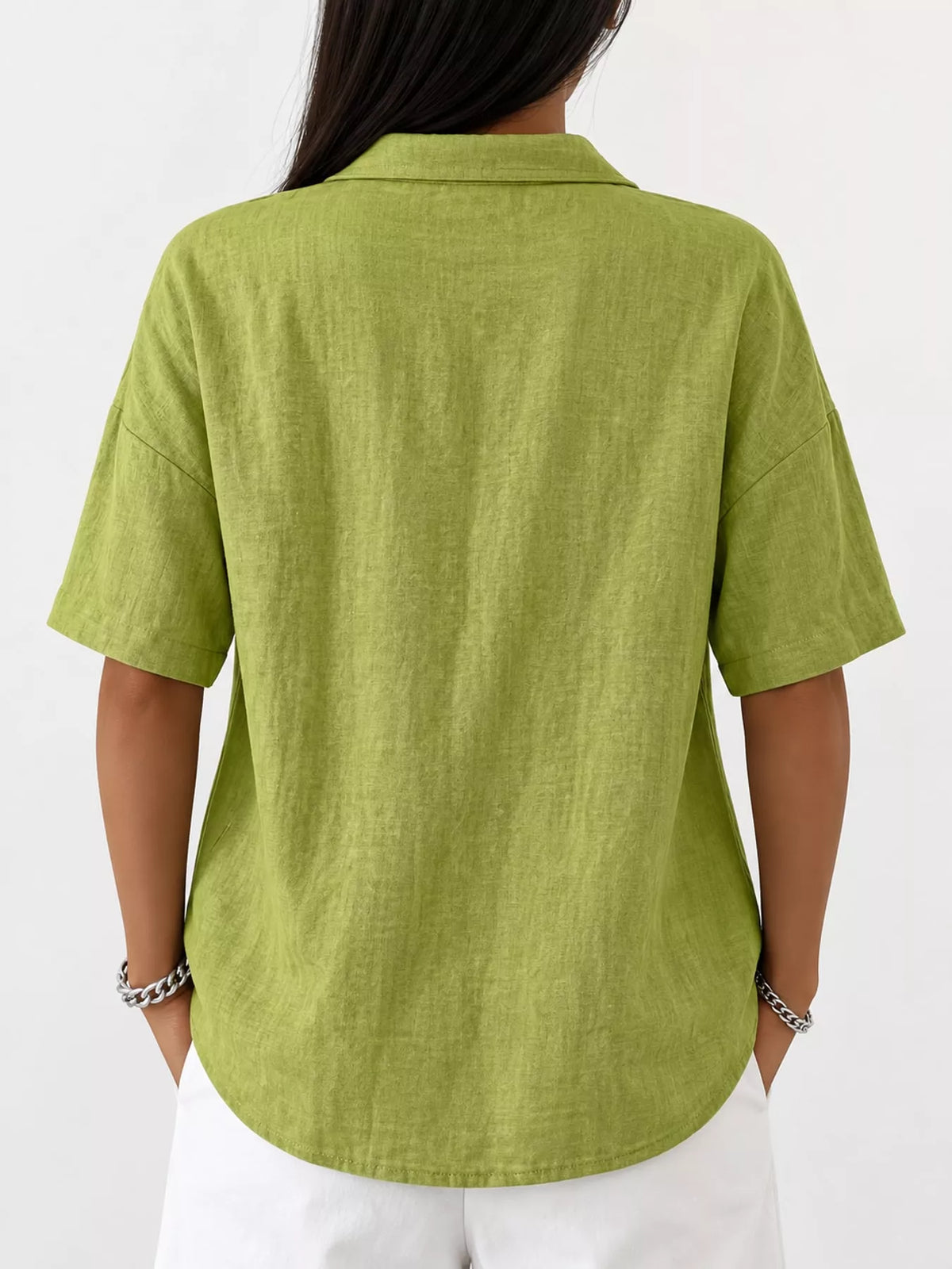 Snap Down Shirt in yellow-green, back view