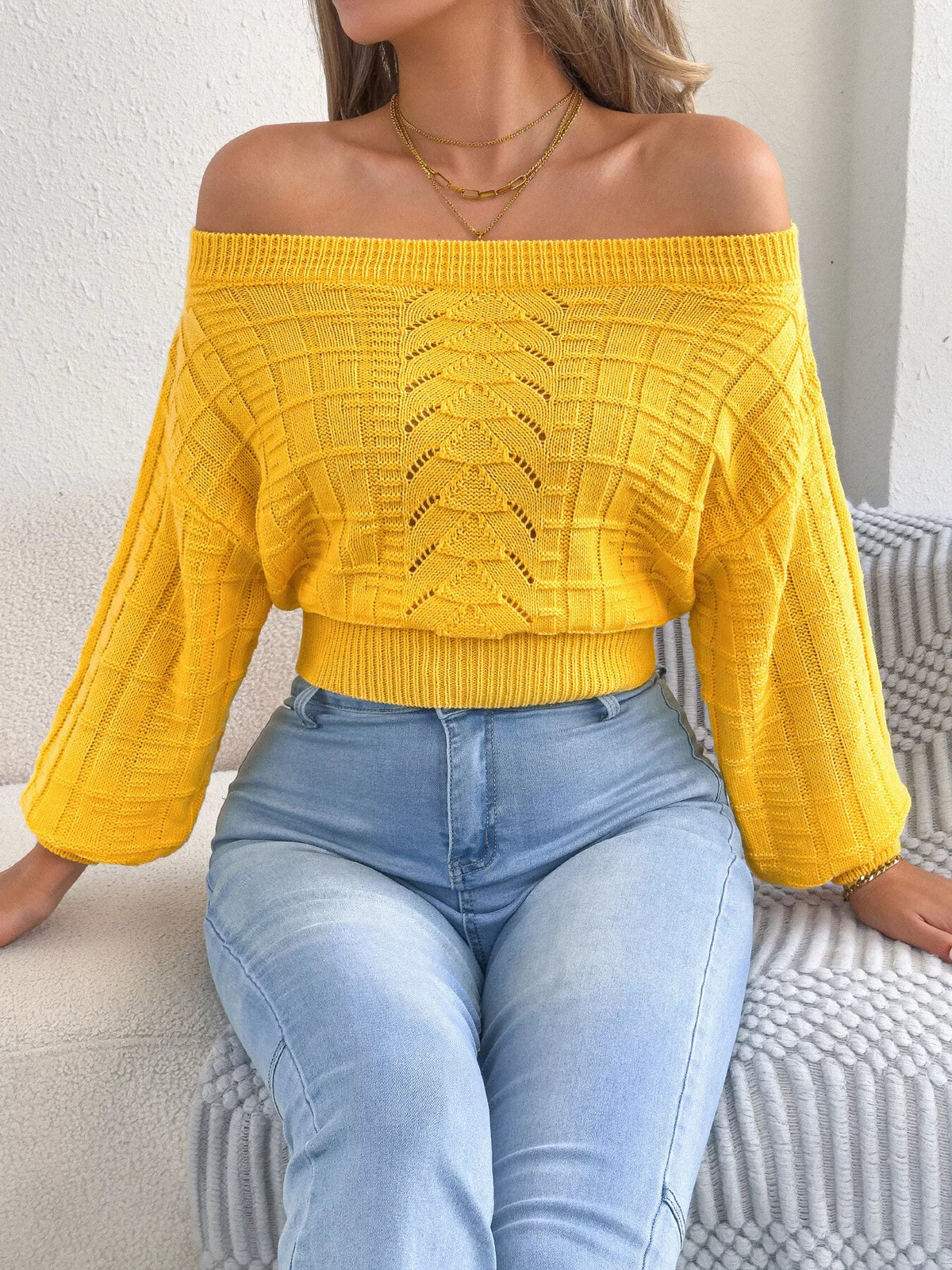 Yellow off-shoulder openwork cropped sweater