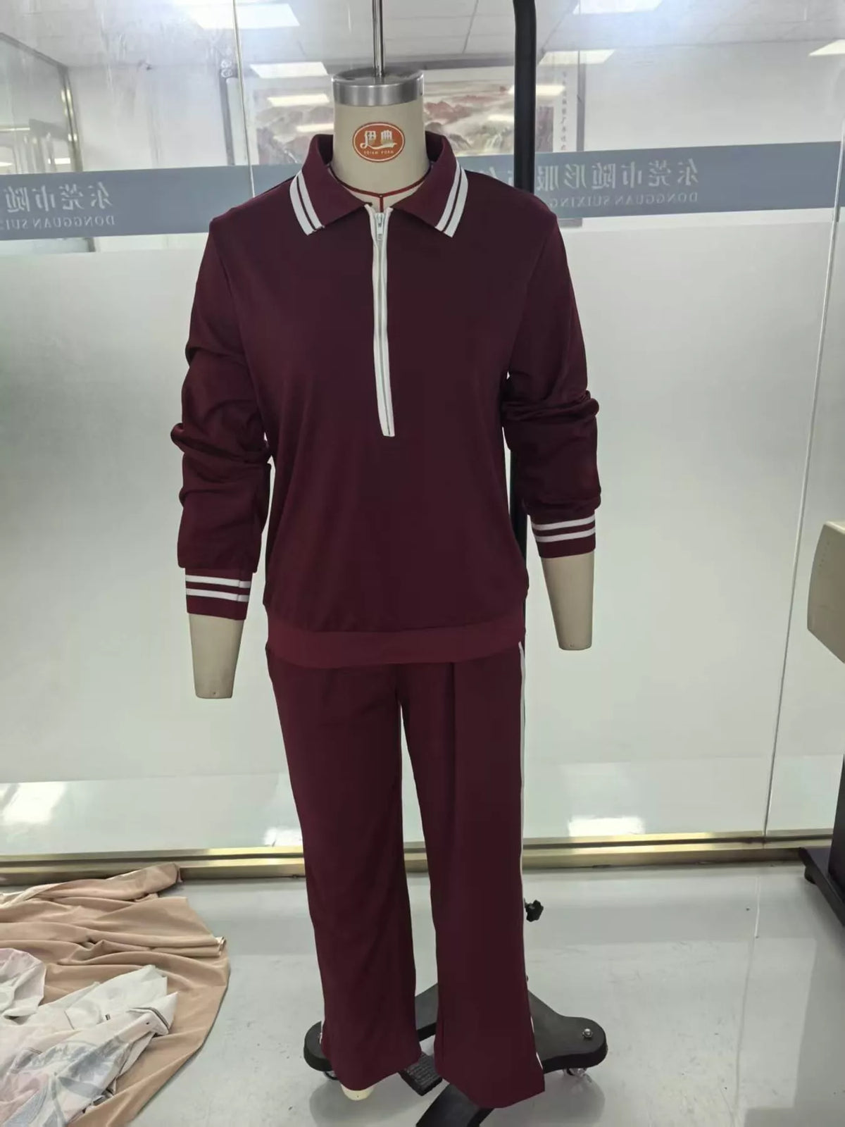 Burgundy striped half zip top and pants set