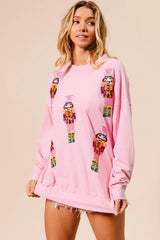 Trendsi BiBi Sequin Nutcrackers Embroidery Christmas Sweatshirt -