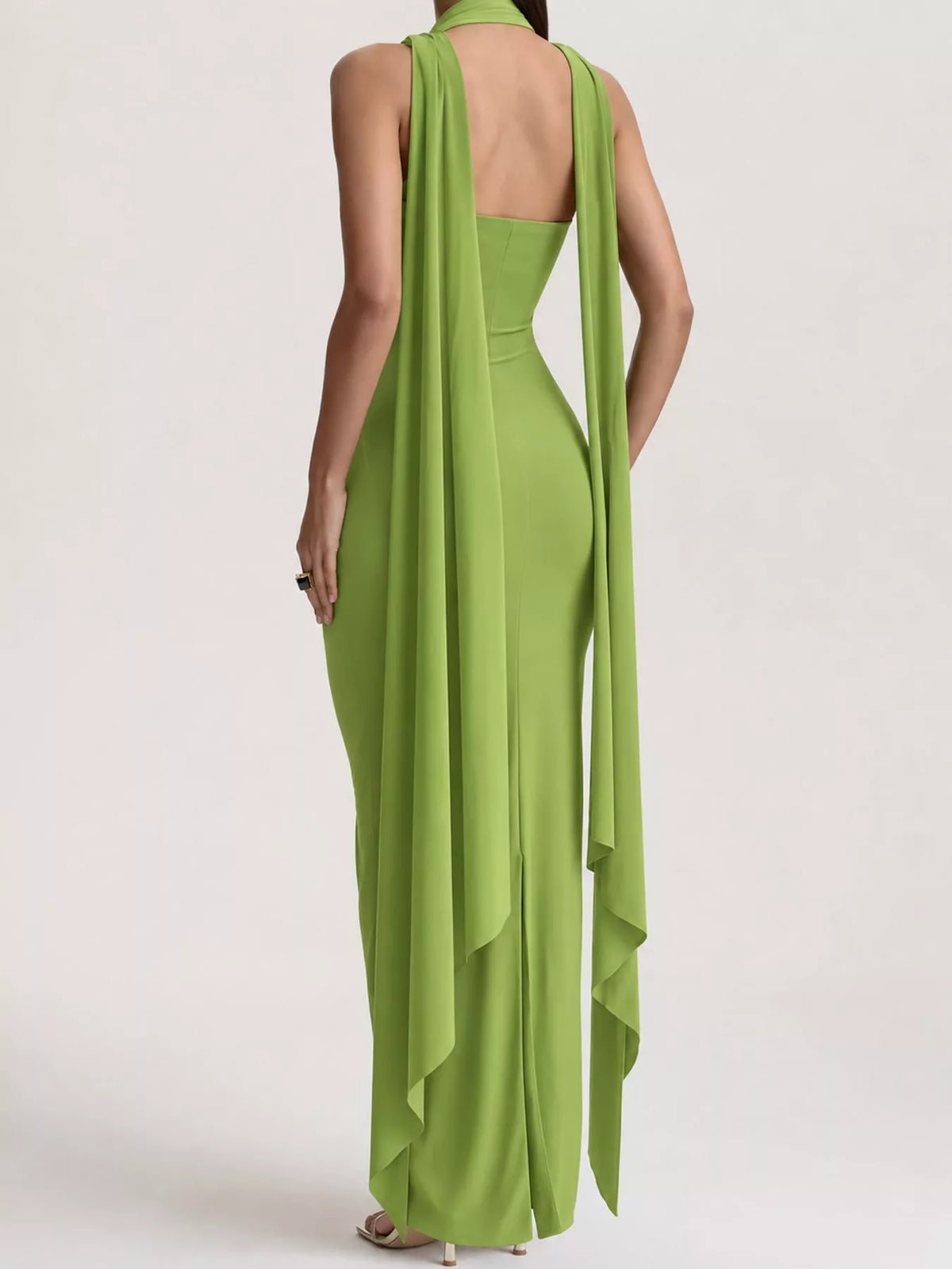 Green strapless ruched bodycon maxi dress with scarf, back view