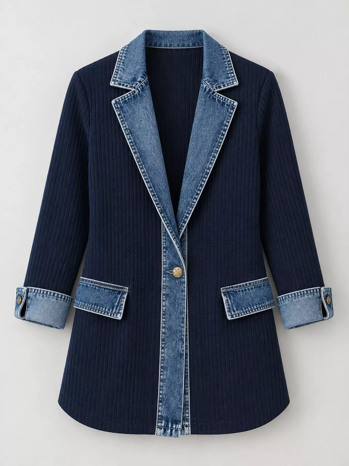 Navy denim trim ribbed knit cardigan
