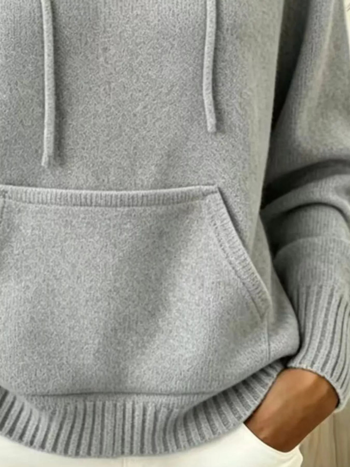 Women's Drawstring Kangaroo Pocket Hooded Sweater in gray — pocket detail view
