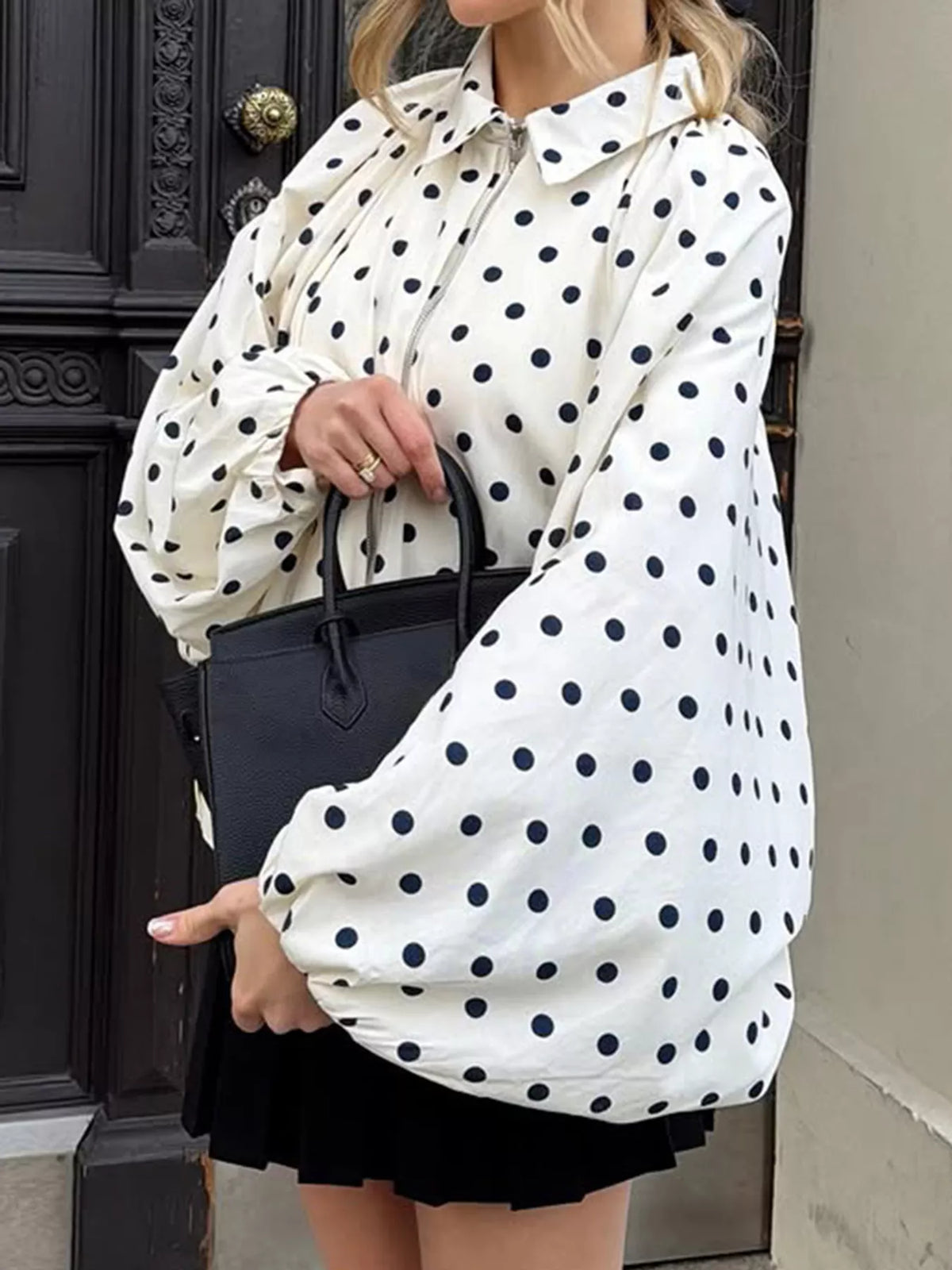 Polka-dot zip-front blouse