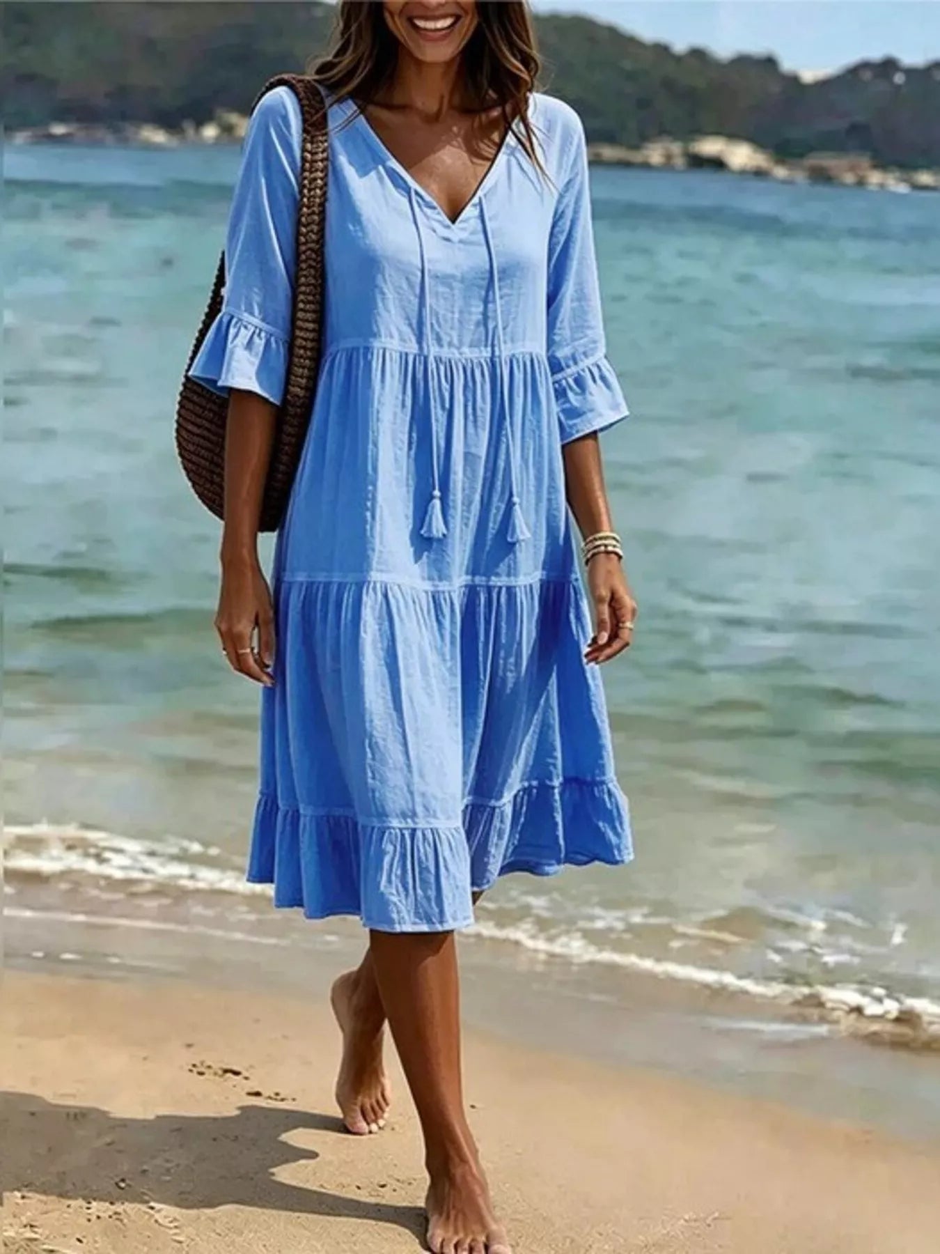 Trendsi Full Size Tiered Tie Neck Flounce Sleeve Dress Plus Size -