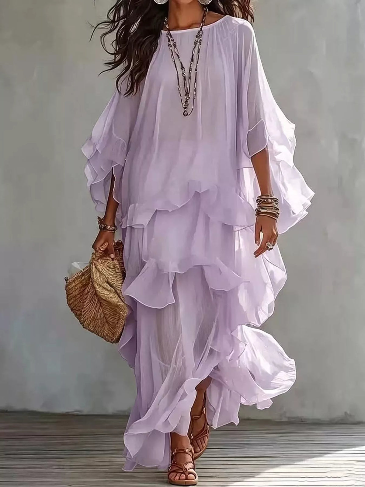 Purple ruffled layered bohemian maxi dress, front view
