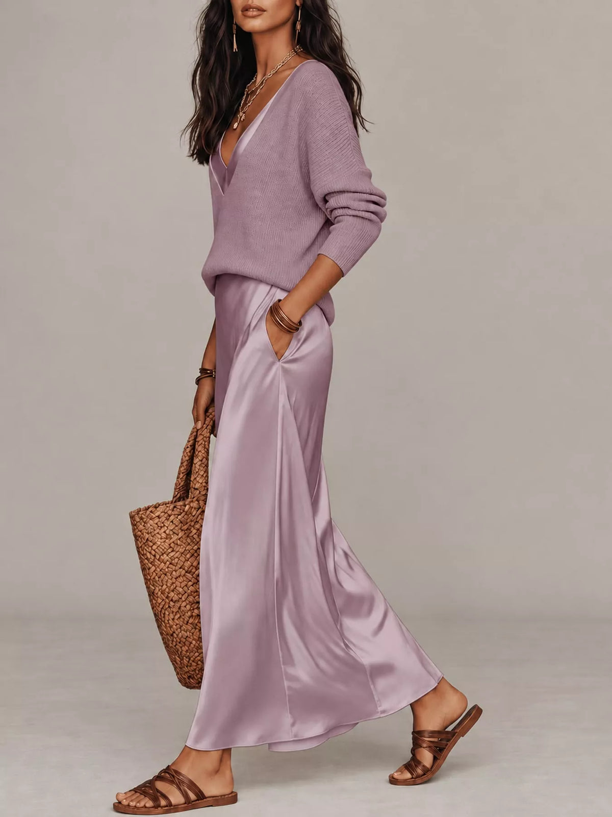 Purple-Set v-neck top and satin midi skirt set