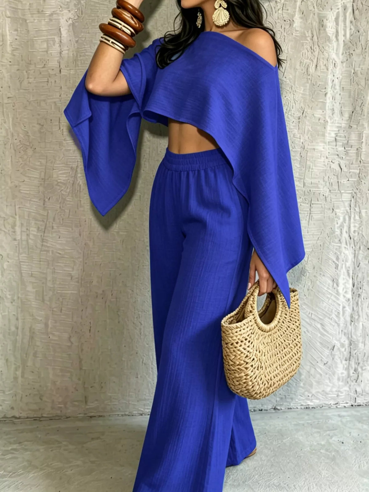 Women's Boat Neck Crop Top and Wide-Leg Pants Set in blue — front view